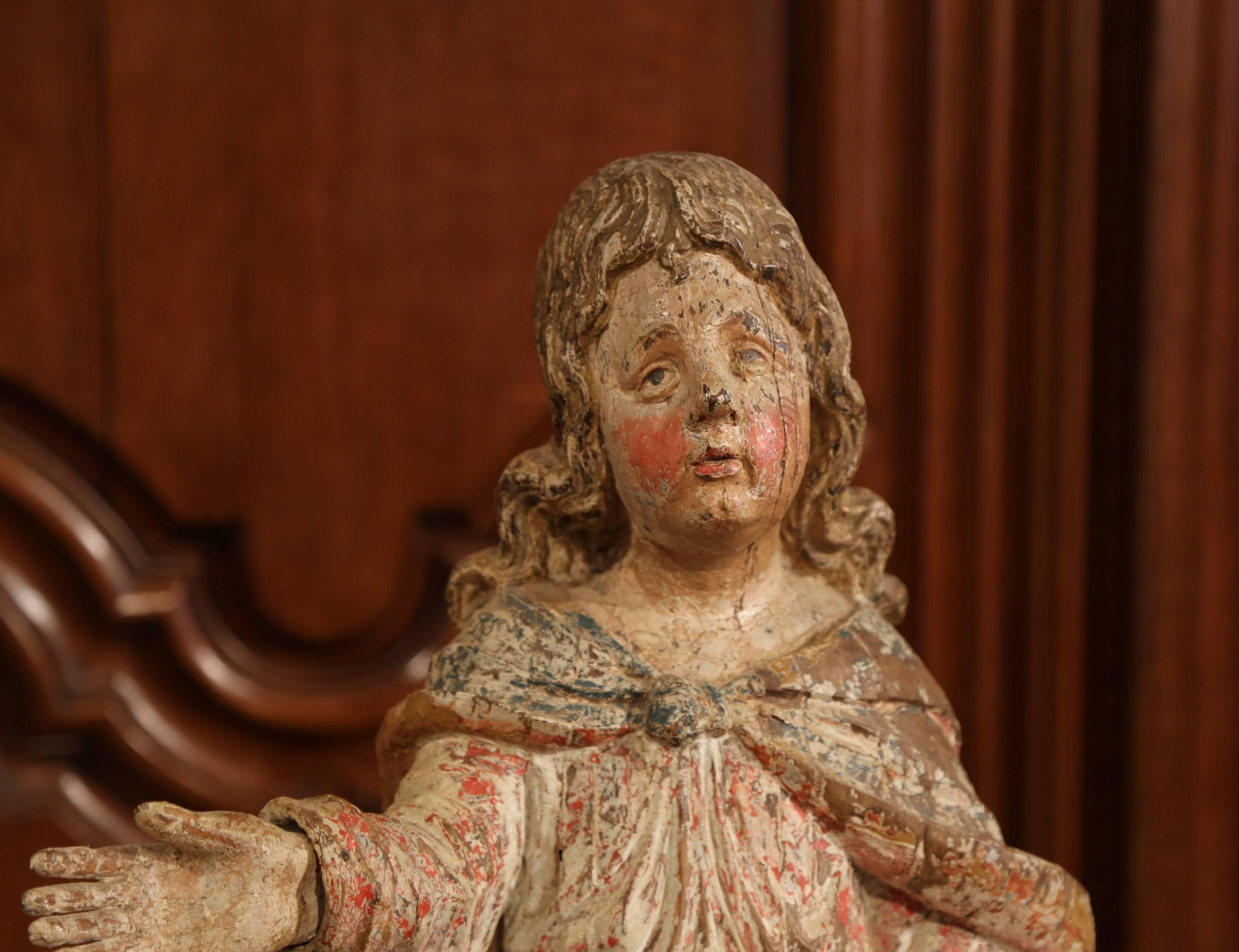 17th Century French Hand Carved Polychrome and Painted Cherub Statue Sculpture In Excellent Condition In Dallas, TX