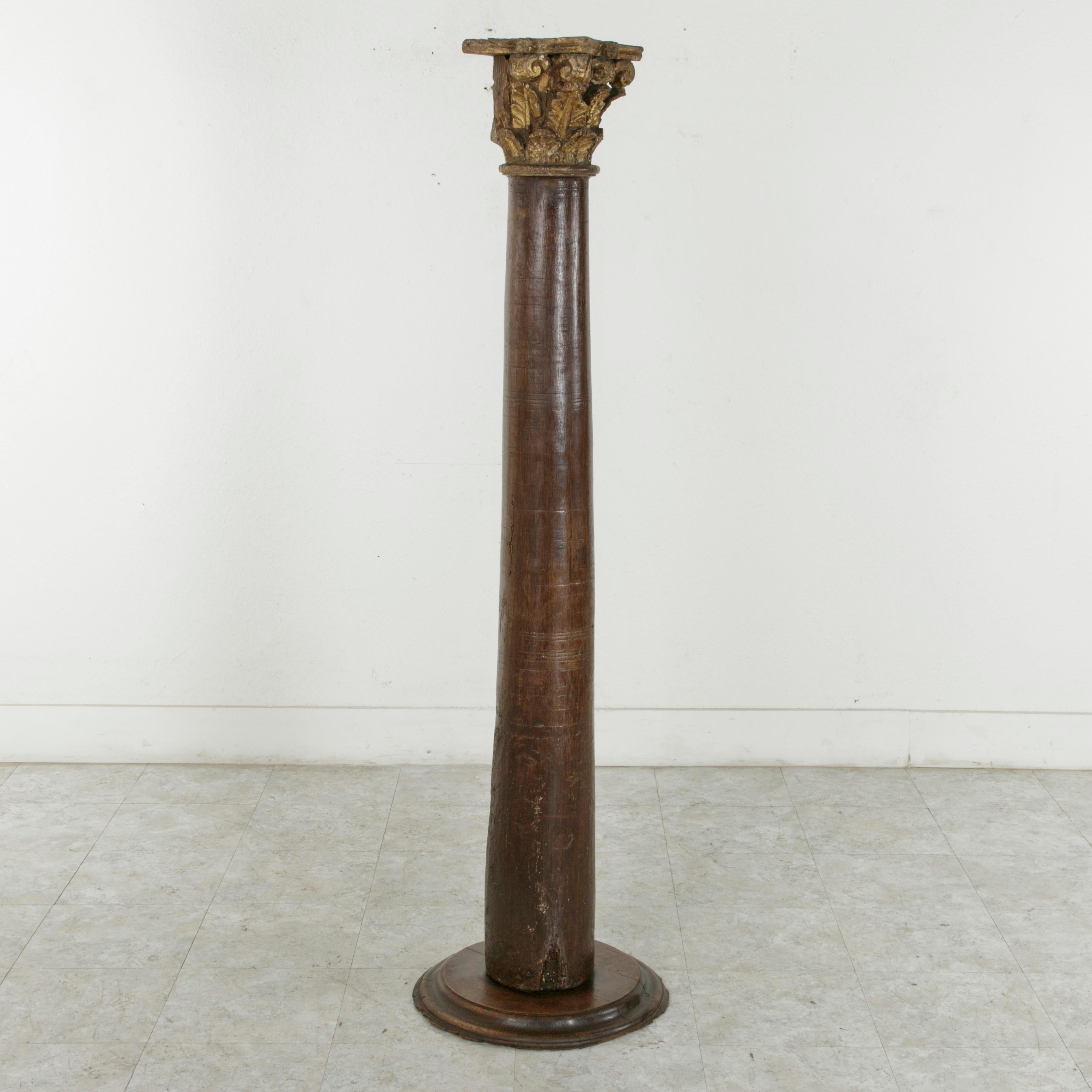 Hand-carved from top to bottom from a single piece of walnut, this 17th century pillar or column features a Corinthian capital with vestiges of its original gilding. Above the beveled circular platform around the base of the pedestal are worn