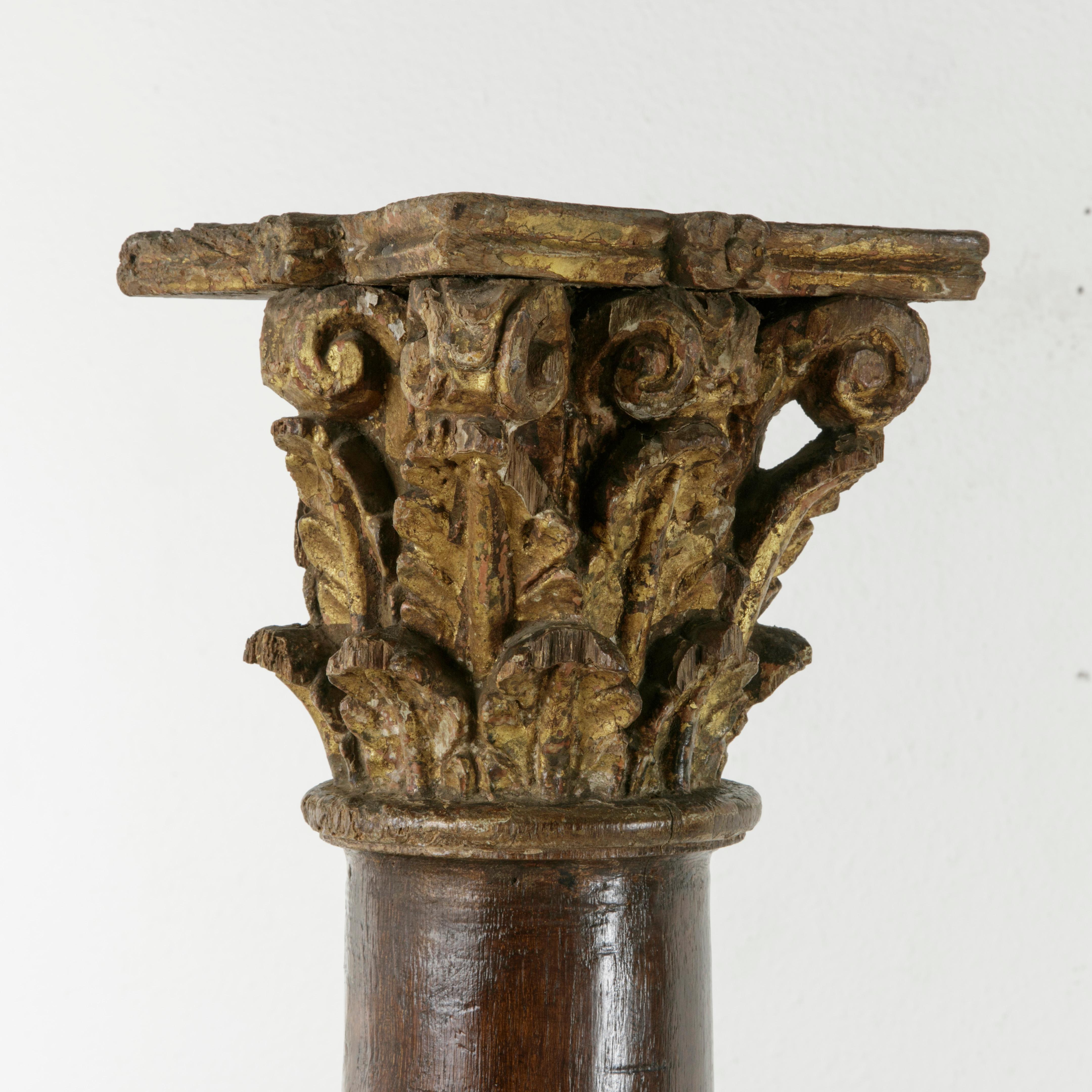 Louis XIV 17th Century French Hand-Carved Walnut Pillar Column Pedestal with Gilt Capital