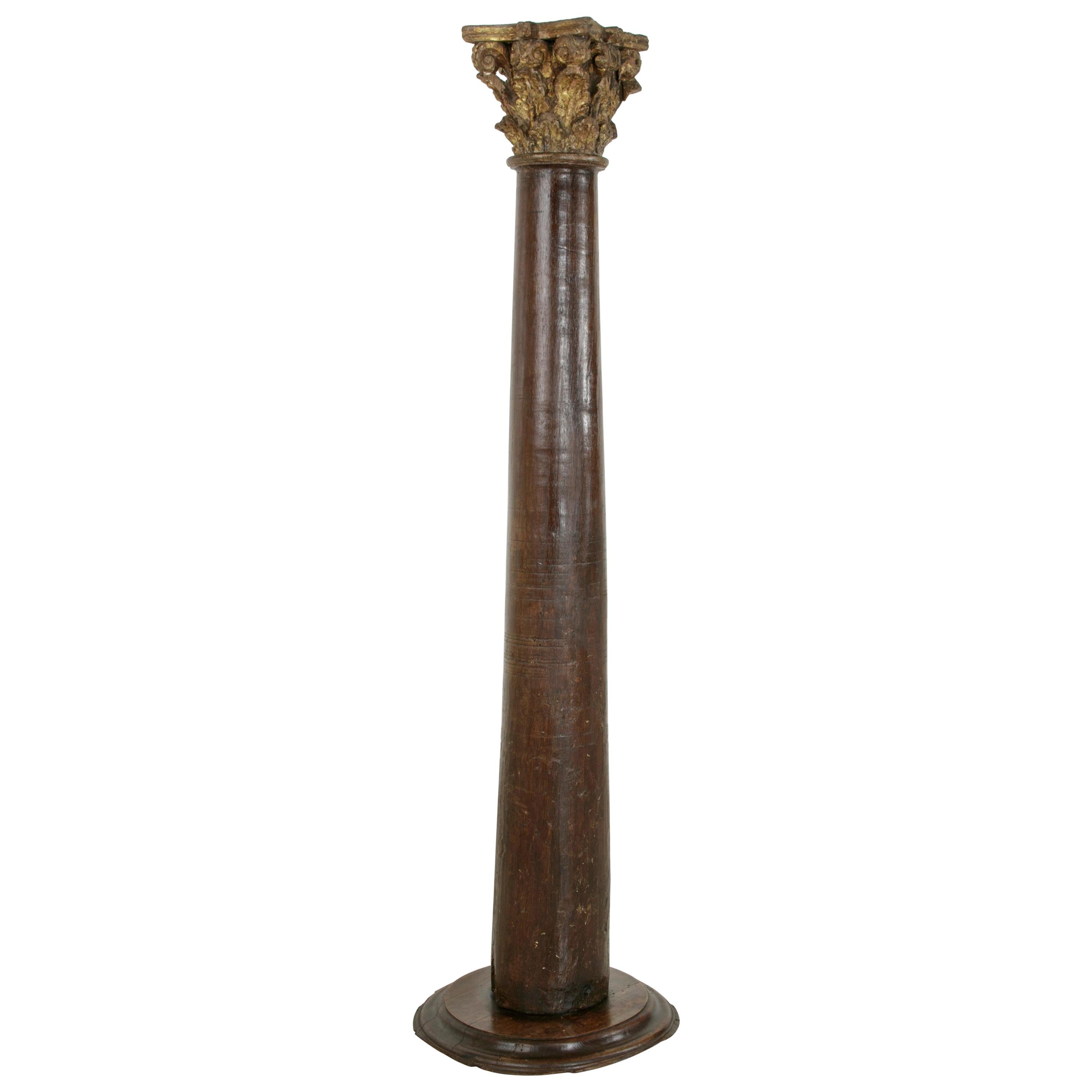 17th Century French Hand-Carved Walnut Pillar Column Pedestal with Gilt Capital