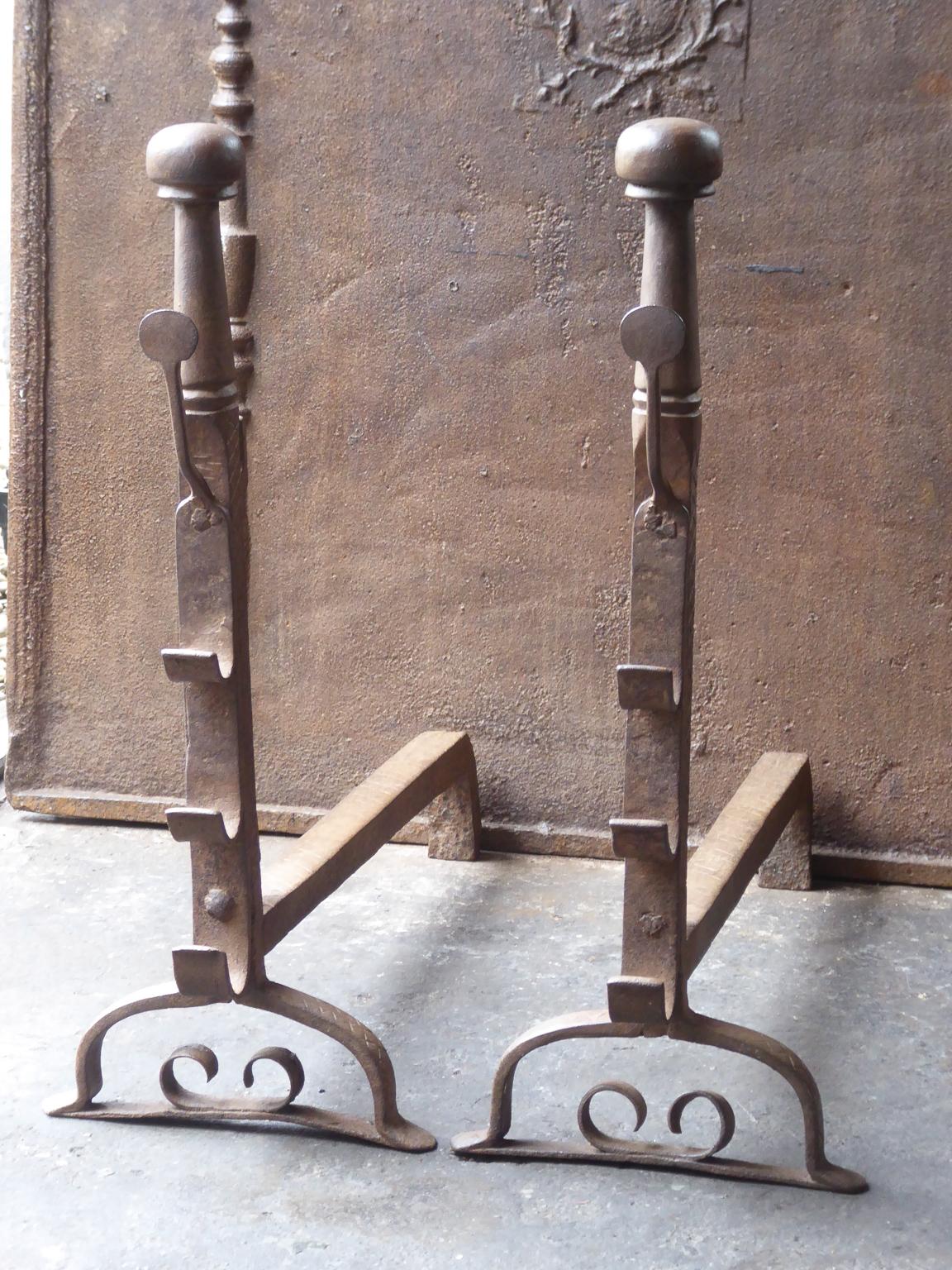 Forged 17th Century French Louis XIII Andirons or Firedogs For Sale