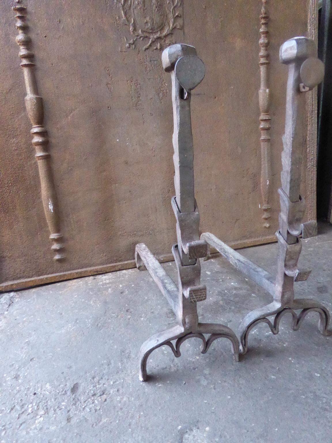 Forged 17th Century French Louis XIII Andirons or Firedogs