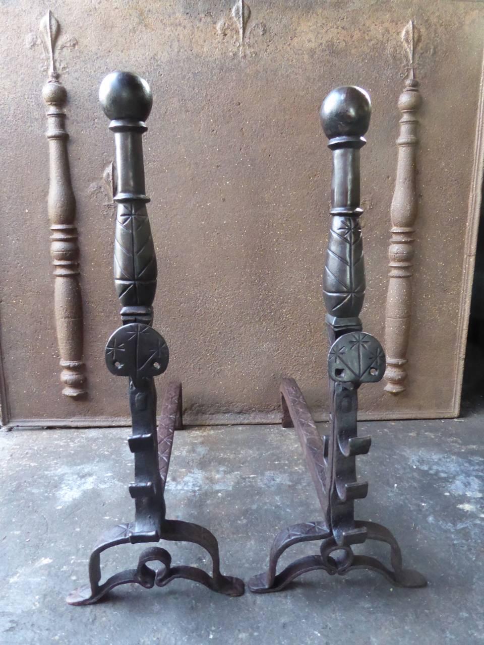 Wrought Iron 17th Century French Louis XIII Andirons or Firedogs