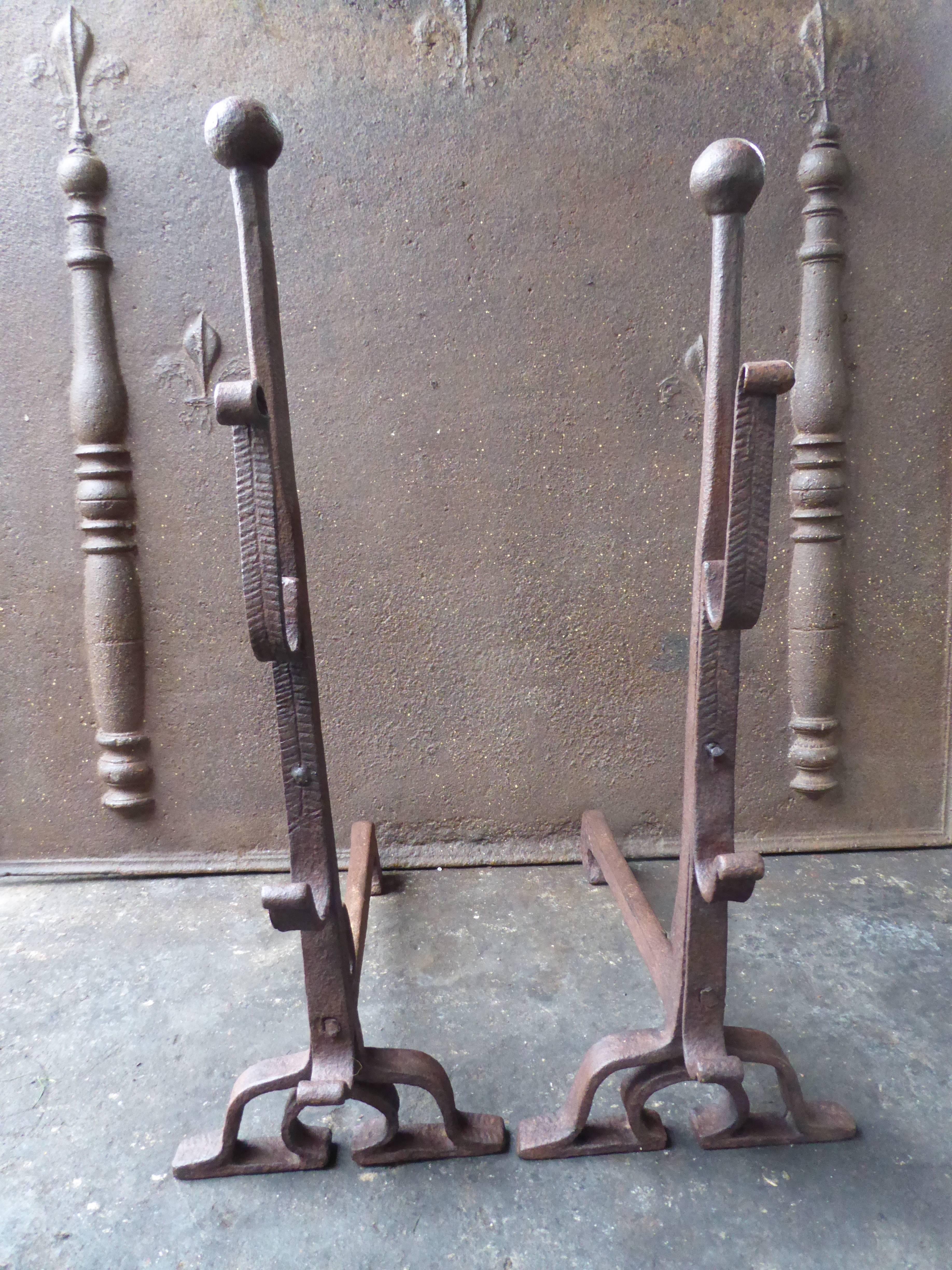 Wrought Iron 17th Century French Louis XIII Andirons or Firedogs For Sale