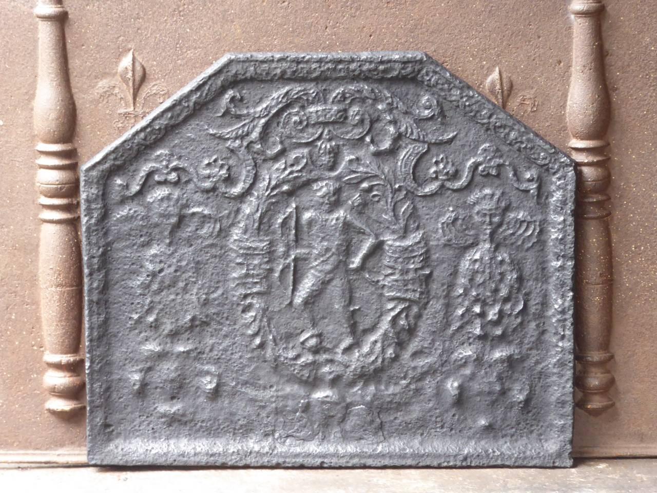 17th century French Louis XIII fireback with a coat of arms.

We have a unique and specialized collection of antique and used fireplace accessories consisting of more than 1000 listings at 1stdibs. Amongst others we always have 300+ firebacks, 250+