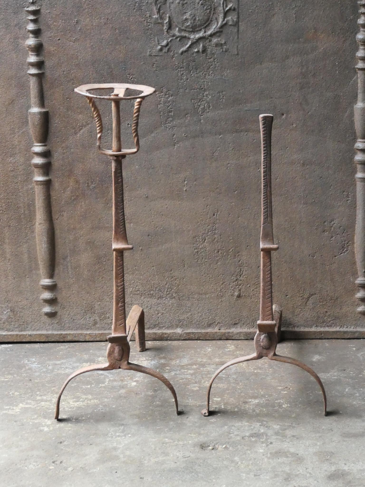Forged 17th Century French Louis XIII Period Andirons, Firedogs, Landiers For Sale