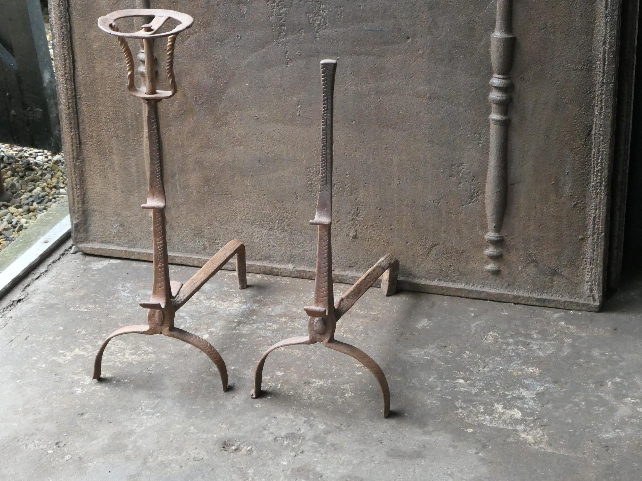 Wrought Iron 17th Century French Louis XIII Period Andirons, Firedogs, Landiers For Sale