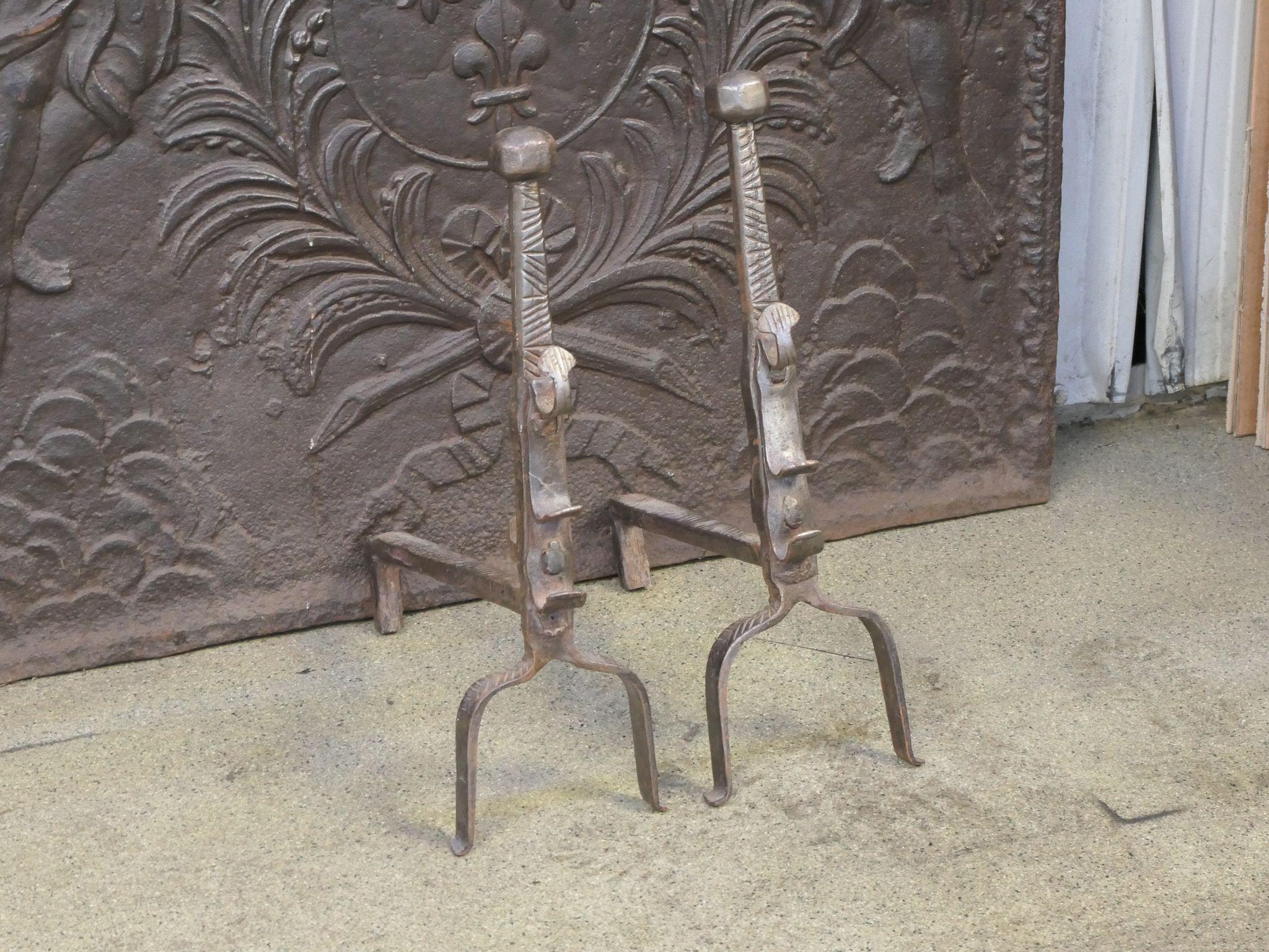 Forged 17th Century French Louis XIII Period Andirons or Firedogs For Sale