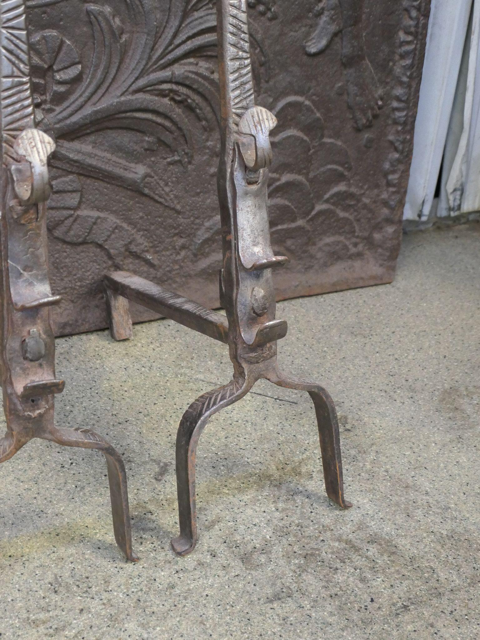 Wrought Iron 17th Century French Louis XIII Period Andirons or Firedogs For Sale