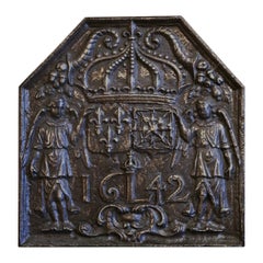 17th Century French Louis XIII Polished Iron Fireback Dated 1642