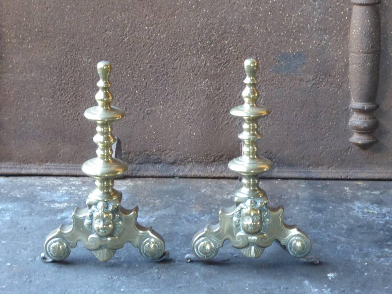 17th century French Louis XIV andirons made of wrought iron and polished brass.

We have a unique and specialized collection of antique and used fireplace accessories consisting of more than 1000 listings at 1stdibs. Amongst others, we always have