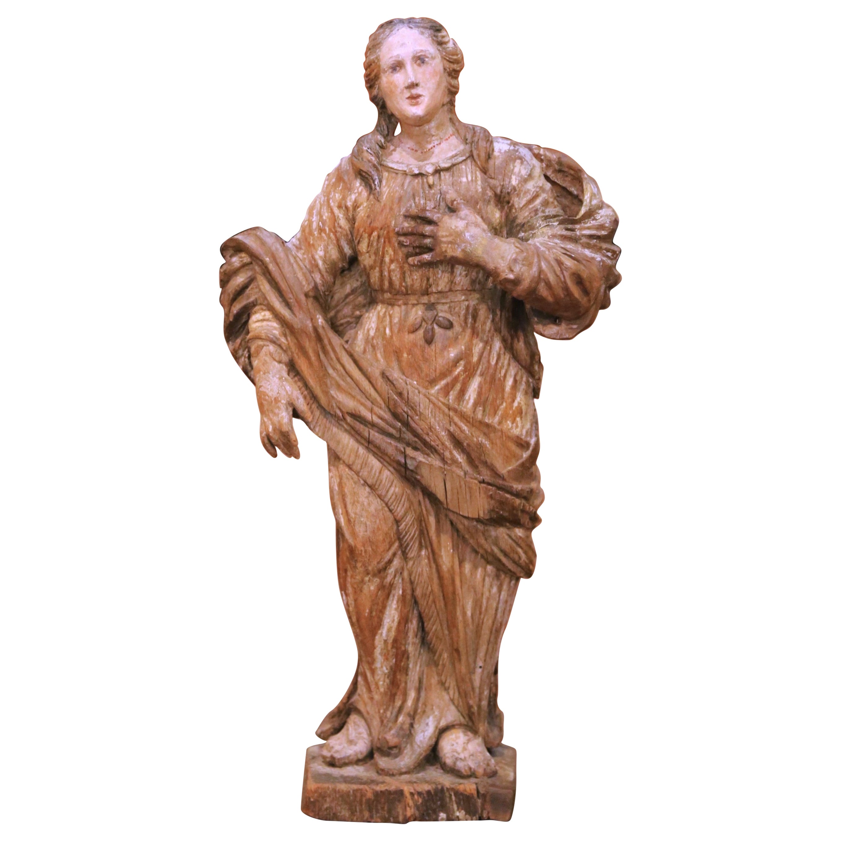 17th Century French Louis XIV Carved Polychrome Devotional Female Saint Figure For Sale