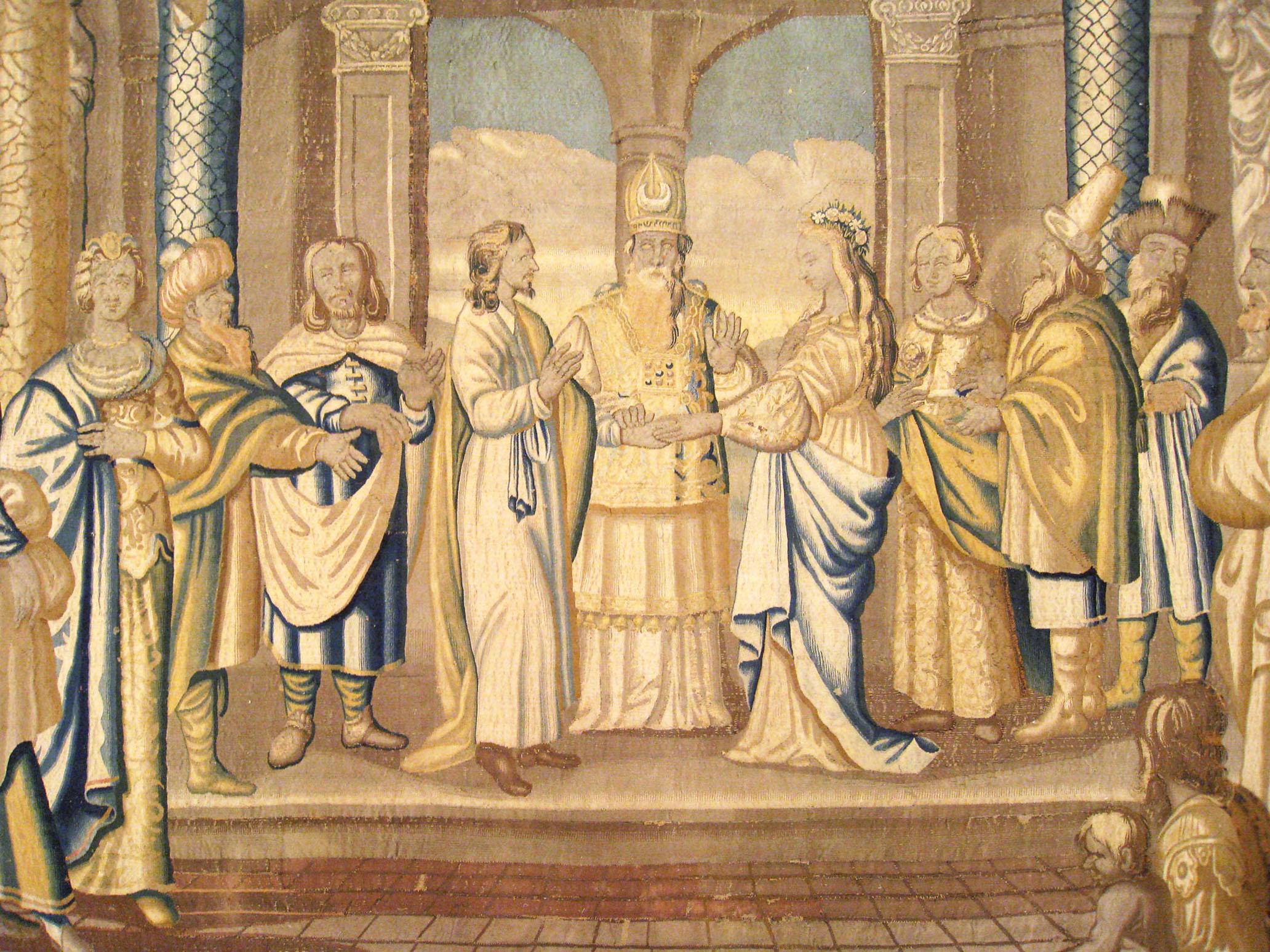 Französischer religiöser Wandteppich des Neuen Testaments aus dem 17. Jahrhundert, Hochzeit von Maria & Joseph im Angebot 1