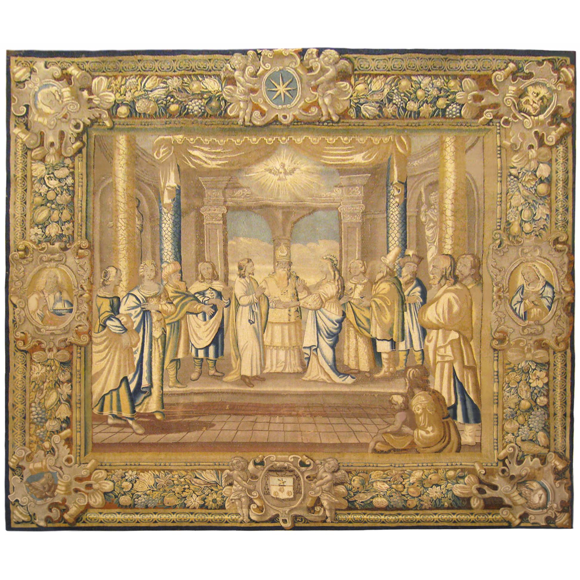 17th Century French New Testament Religious Tapestry, Marriage of Mary & Joseph For Sale