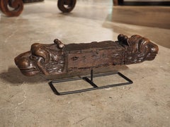 17th Century French Oak Lion Heads Sculpture on Iron Stand