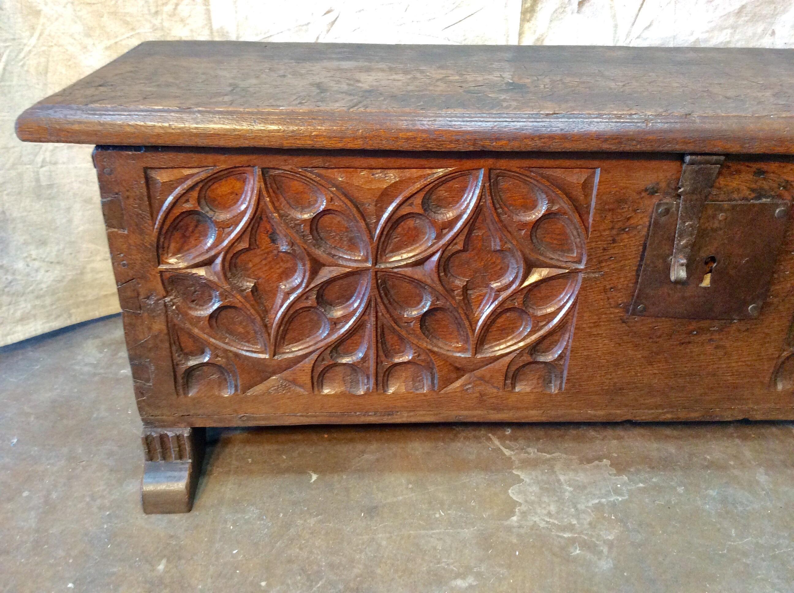 Hand-Carved 17th Century French Oak Trunk For Sale