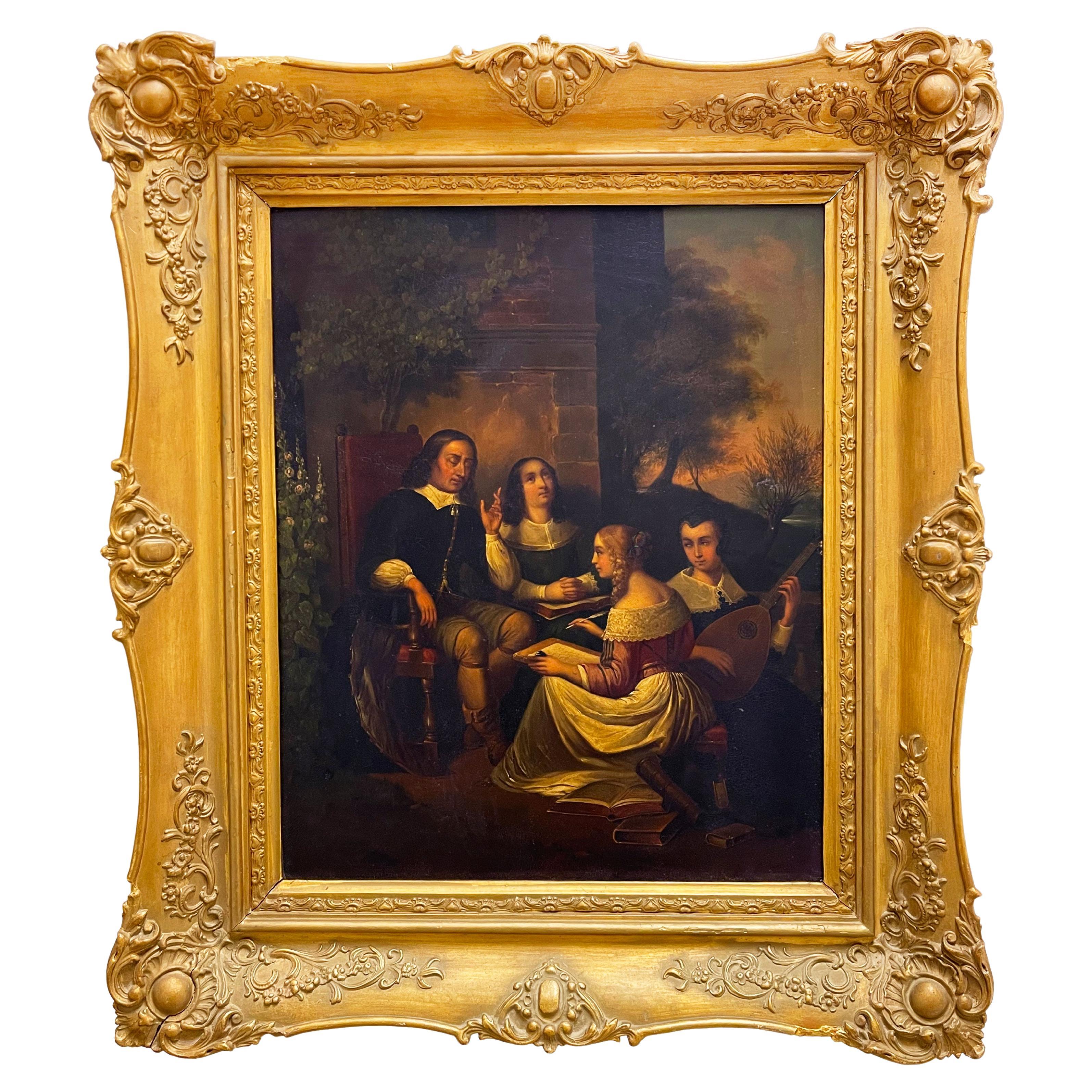 17th Century French Oil on Copper Panting Depicting John Milton & Her Daughters For Sale