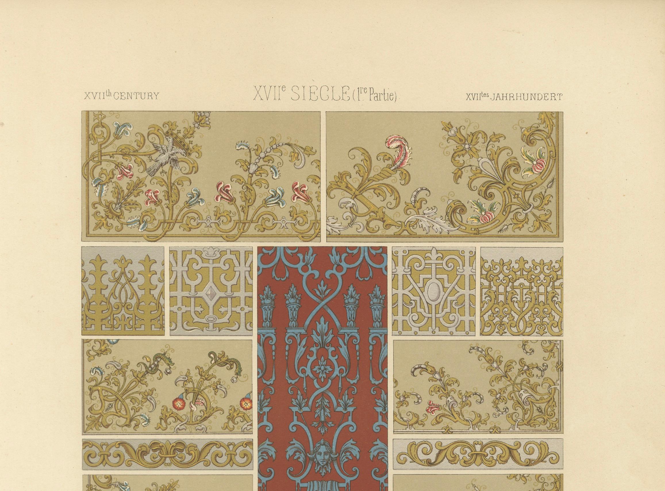 Ornementation française du XVIIe siècle - Rinceaux et arabesques baroques, planche LXXVIII

Cette exquise chromolithographie, planche LXXVIII de l'influente publication du XIXe siècle L'Ornement Polychrome, présente une sélection variée et richement