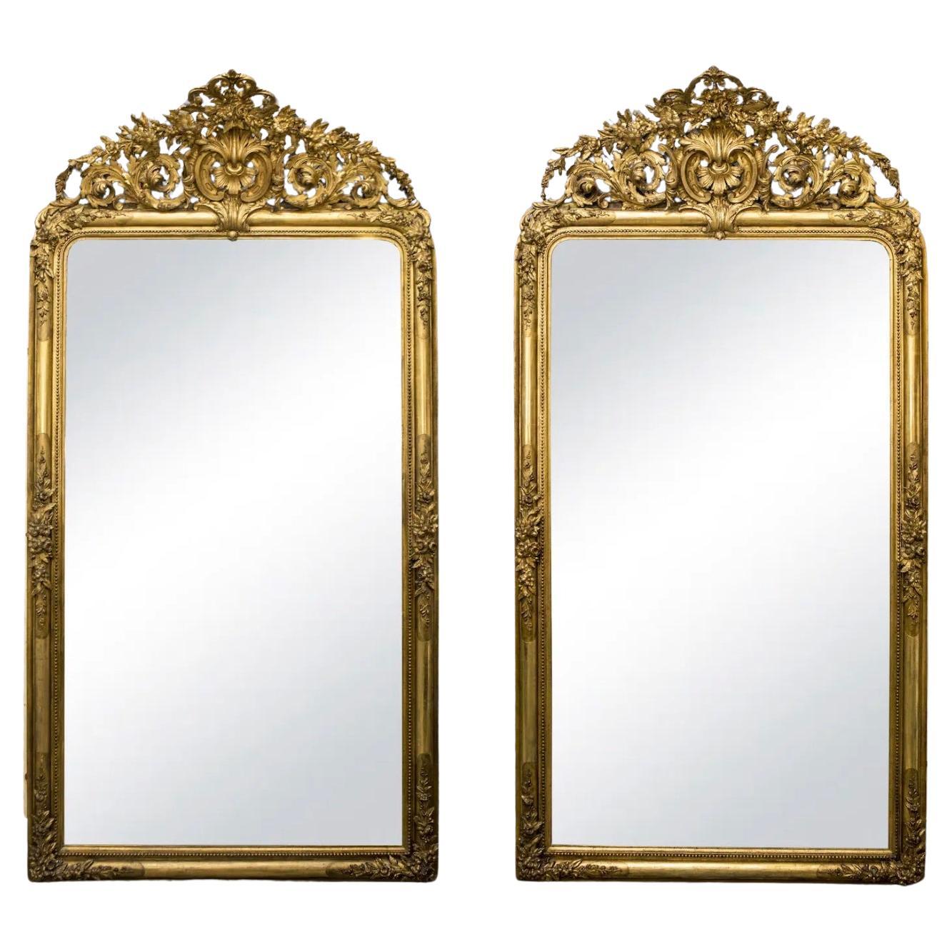 17th Century French Pair of Large Antique Gilded Wood Rococo Wall Mirrors