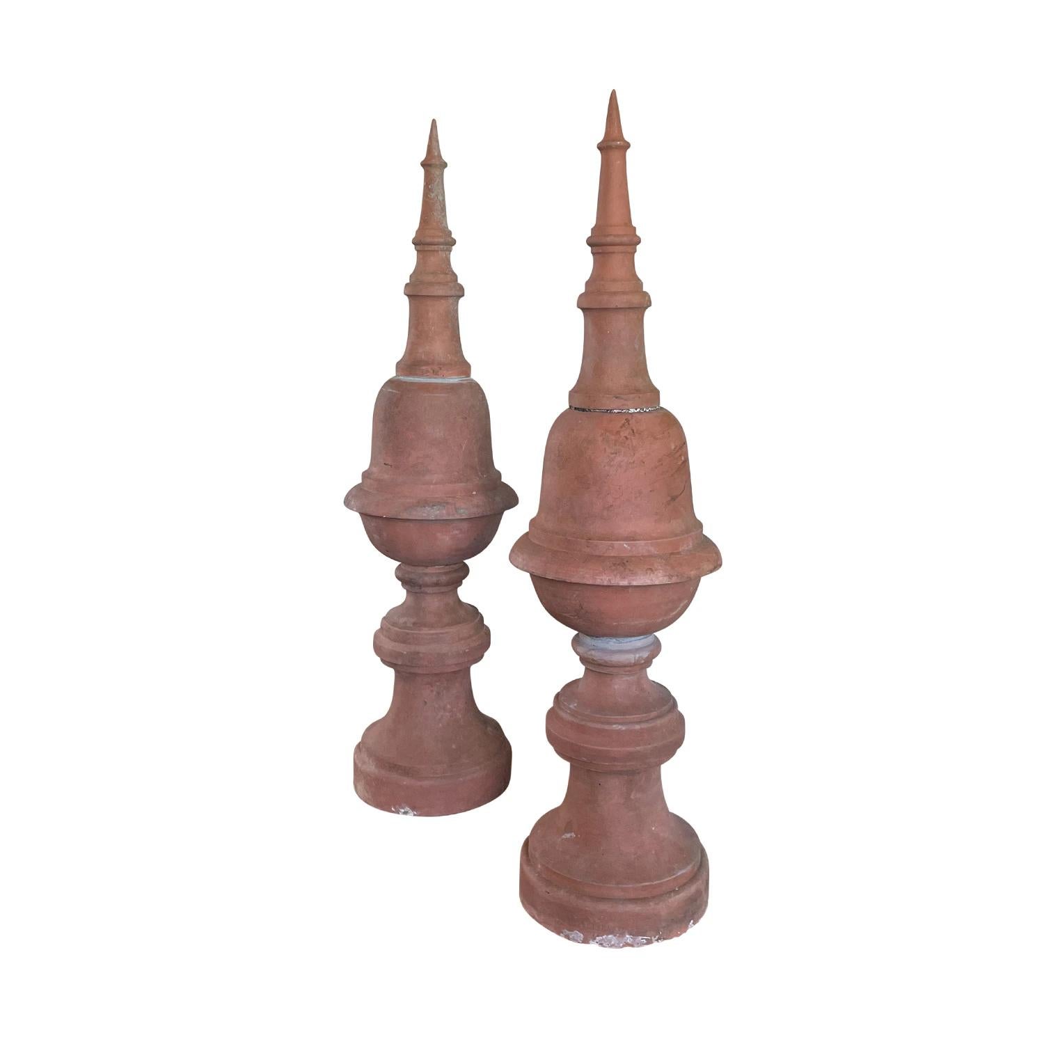 Hand-Crafted 17th Century French Pair of Terra Cotta Finials - Antique Garden Ornaments For Sale
