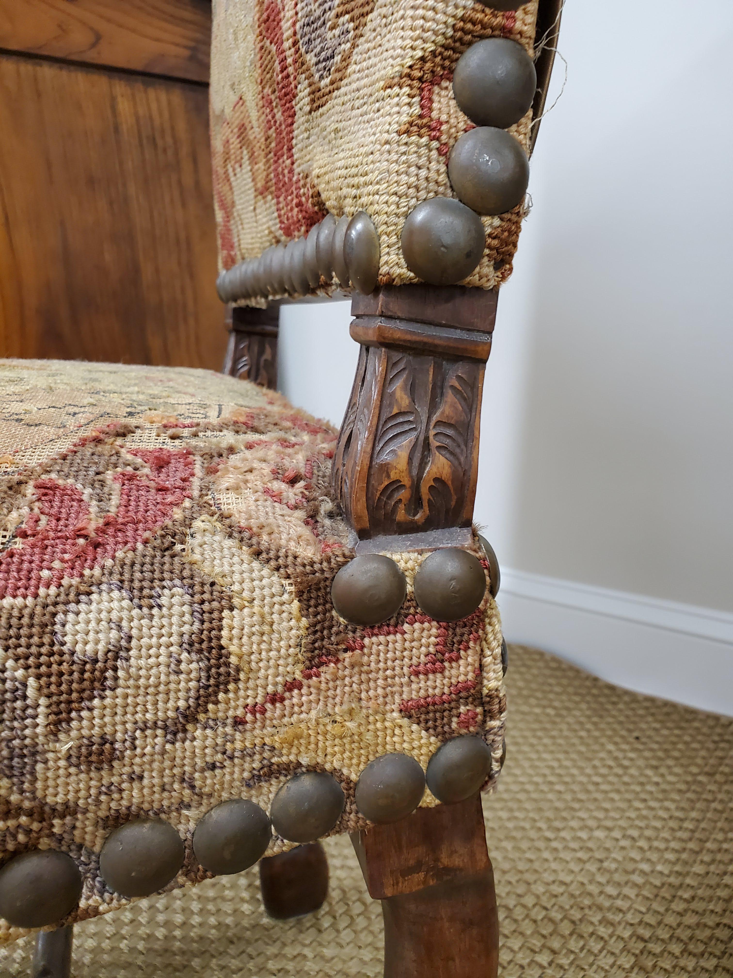 17th Century French Provincial Louis XIII Period Needlepoint & Walnut Side Chair For Sale 7
