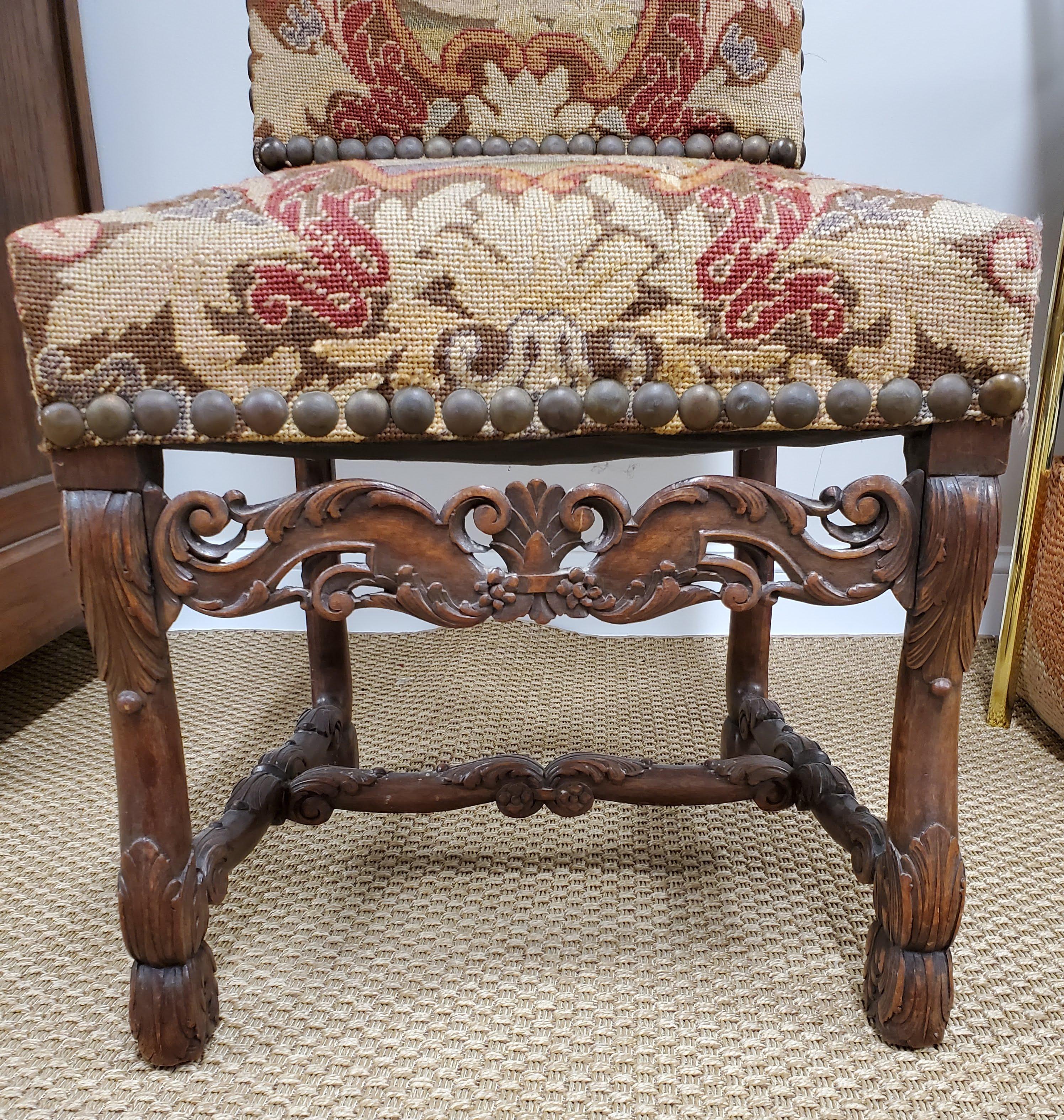 17th Century French Provincial Louis XIII Period Needlepoint & Walnut Side Chair For Sale 7