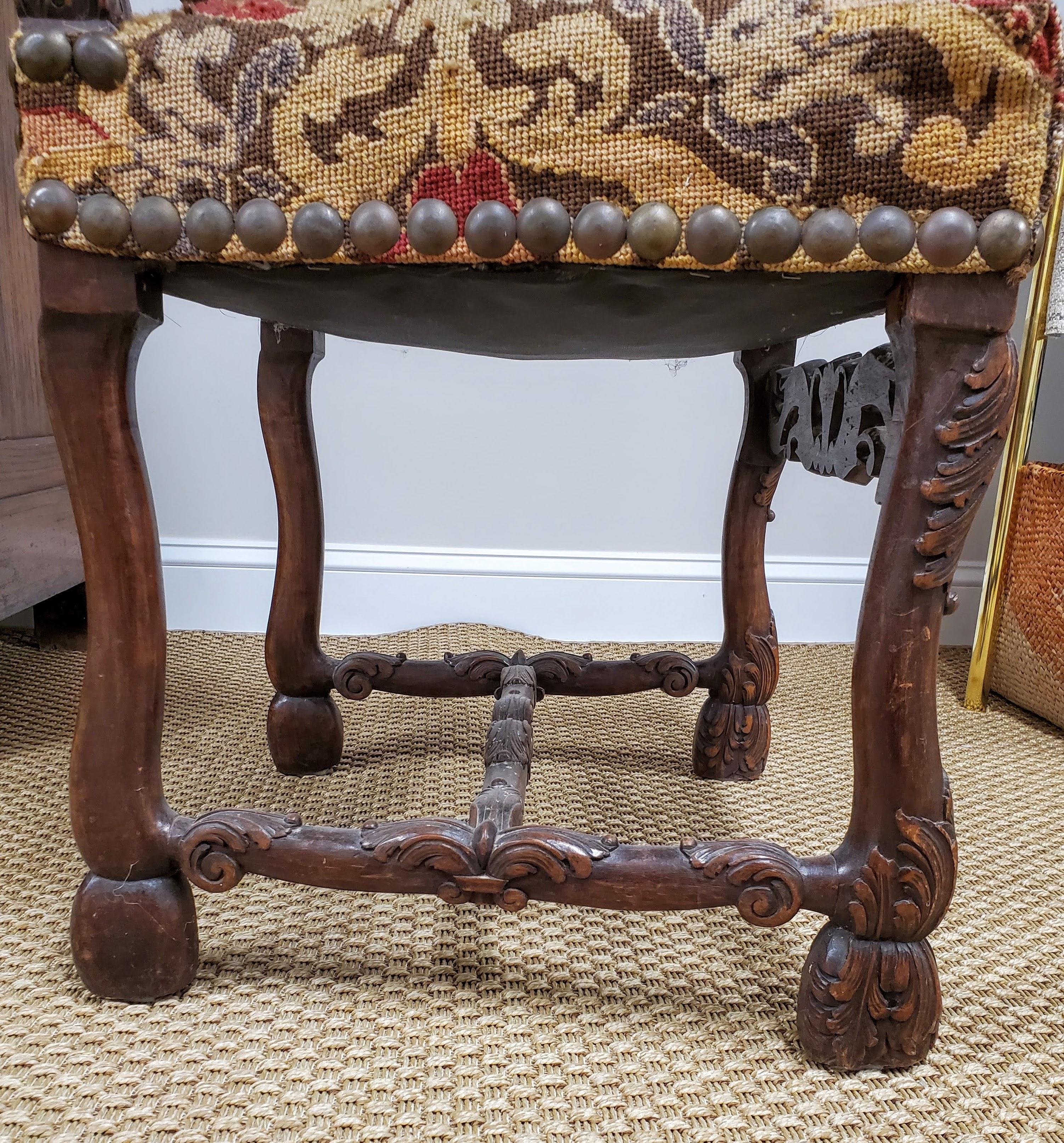 17th Century French Provincial Louis XIII Period Needlepoint & Walnut Side Chair For Sale 10