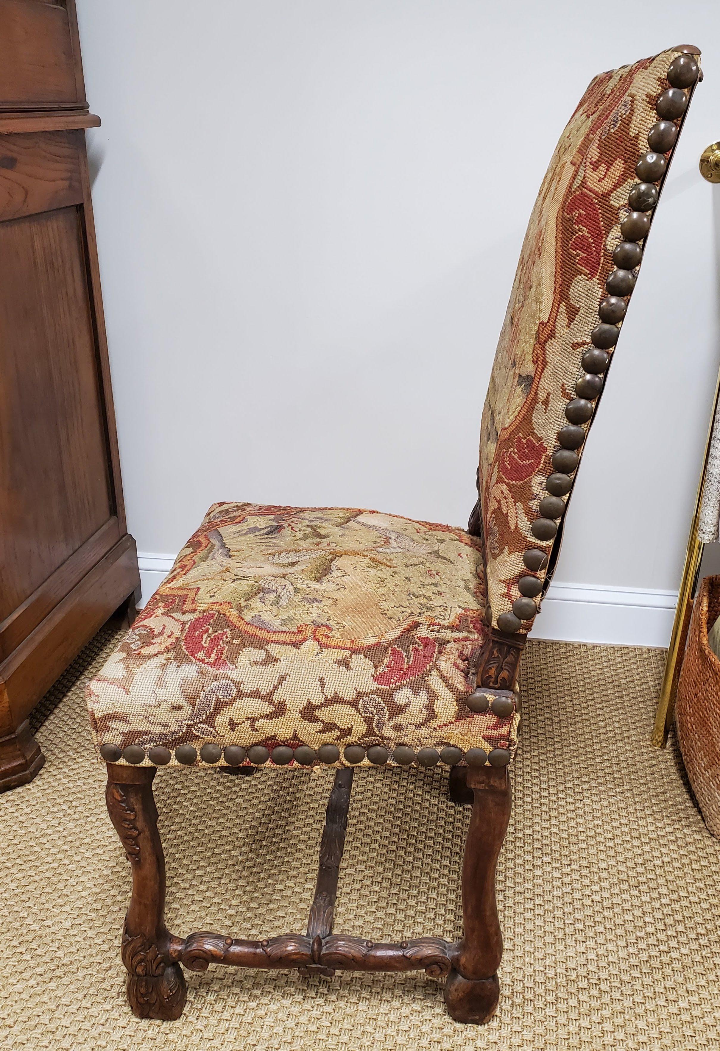 18th Century and Earlier 17th Century French Provincial Louis XIII Period Needlepoint & Walnut Side Chair For Sale