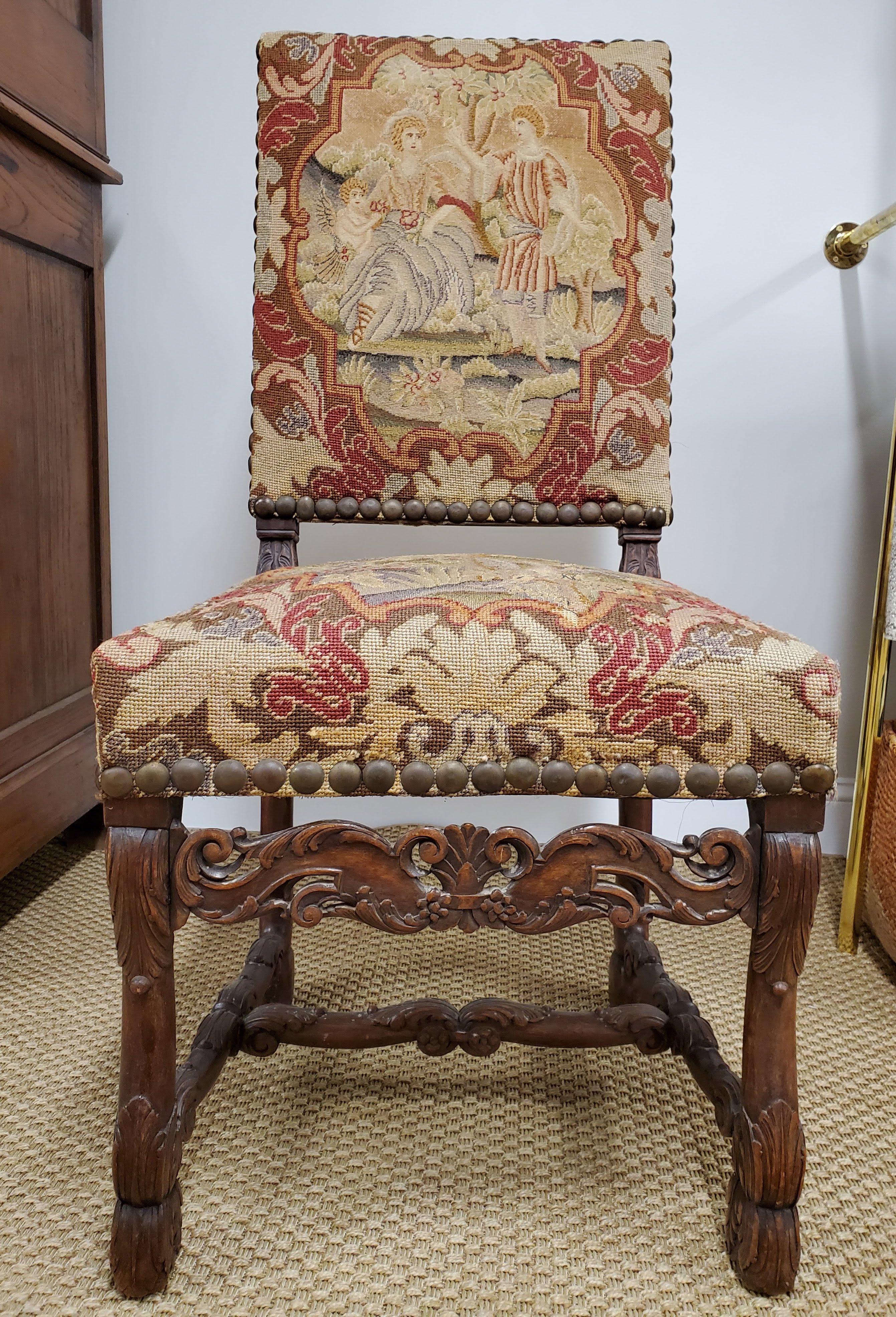 17th Century French Provincial Louis XIII Period Needlepoint & Walnut Side Chair For Sale 1
