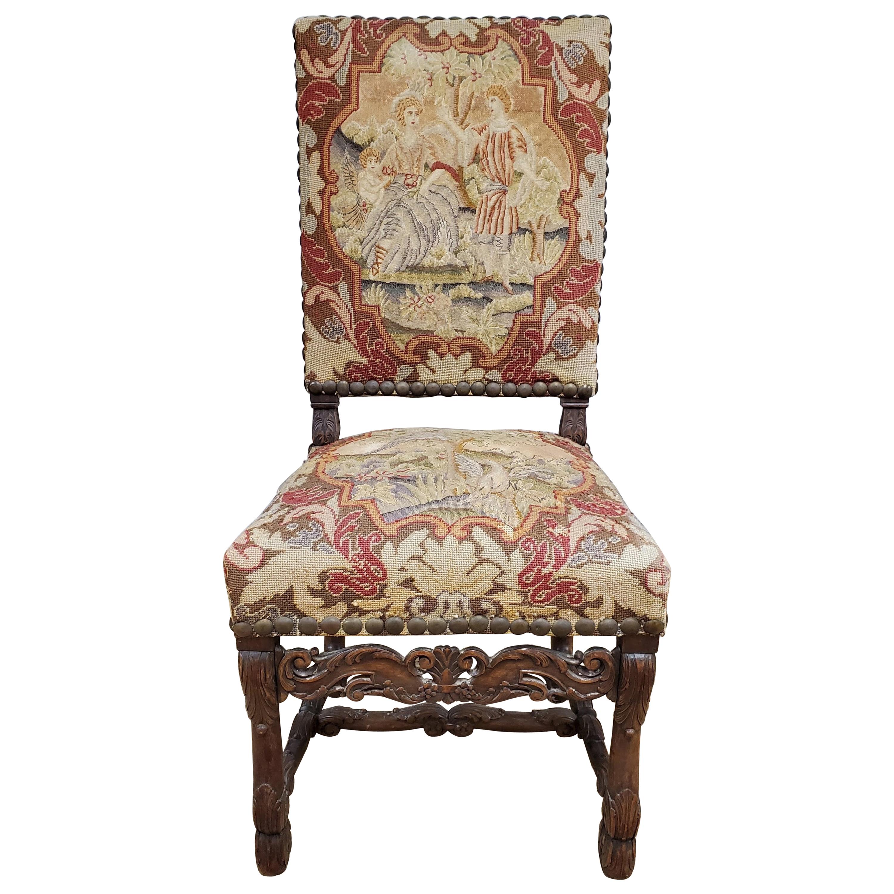 17th Century French Provincial Louis XIII Period Needlepoint & Walnut Side Chair For Sale