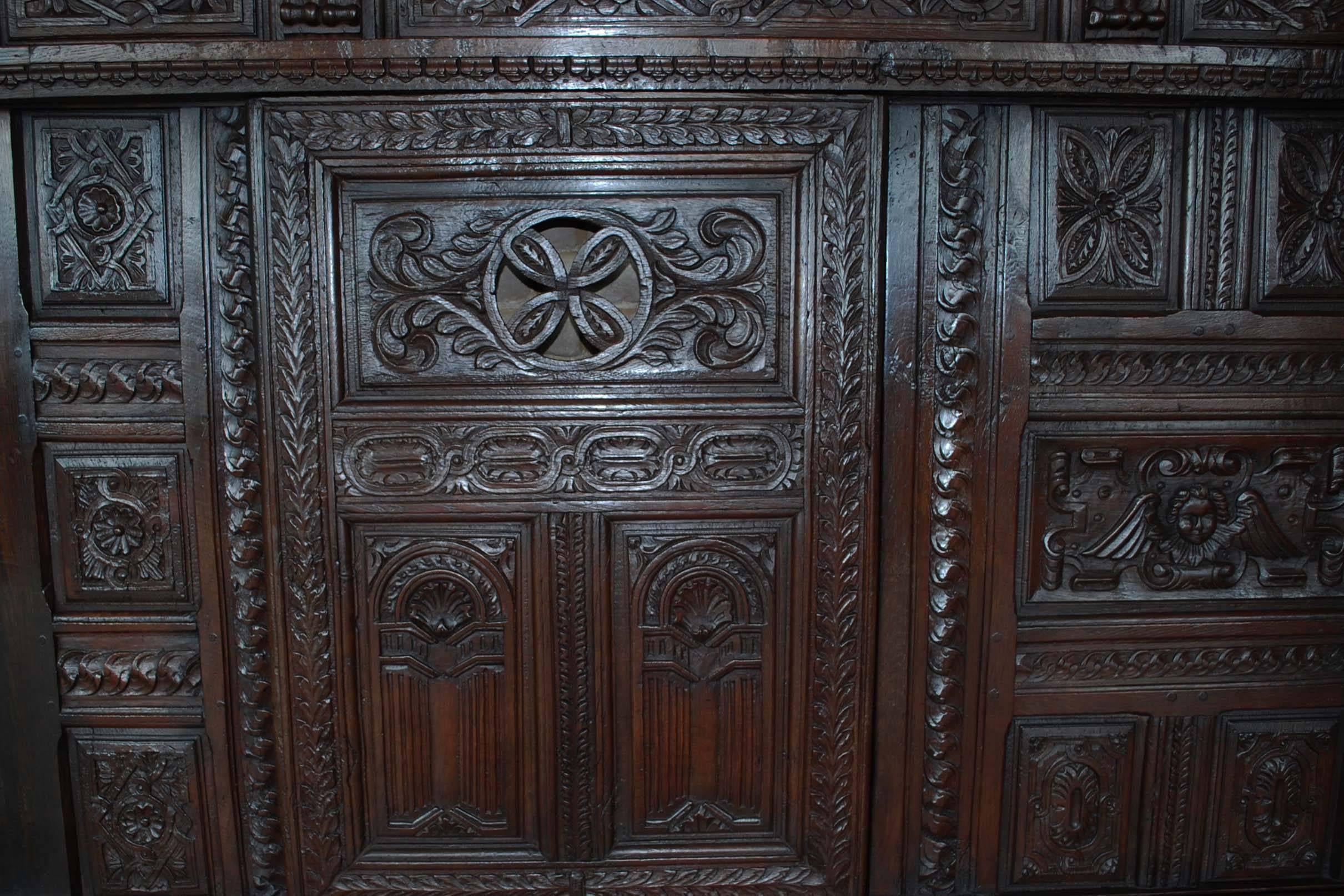 Oak 17th Century French Renaissance Hand-Carved Front Section of a Built in Cabinet For Sale