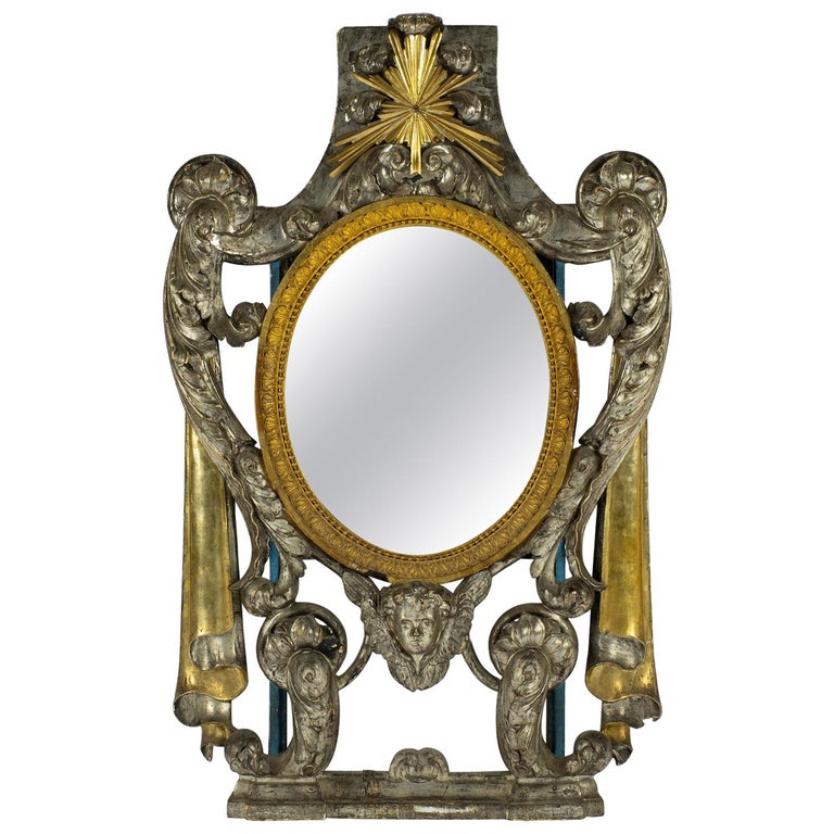 17th Century French Renaissance Silver And Gold Giltwood Mirror