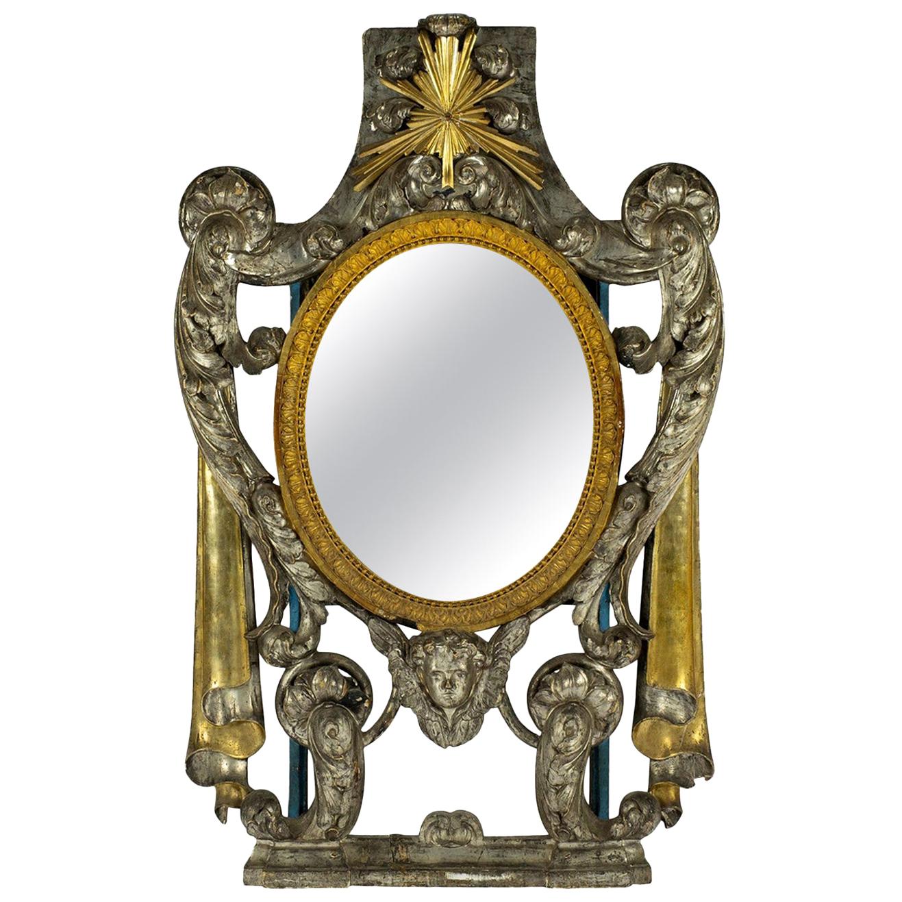 17th Century French Renaissance Silver and Gold Giltwood Mirror