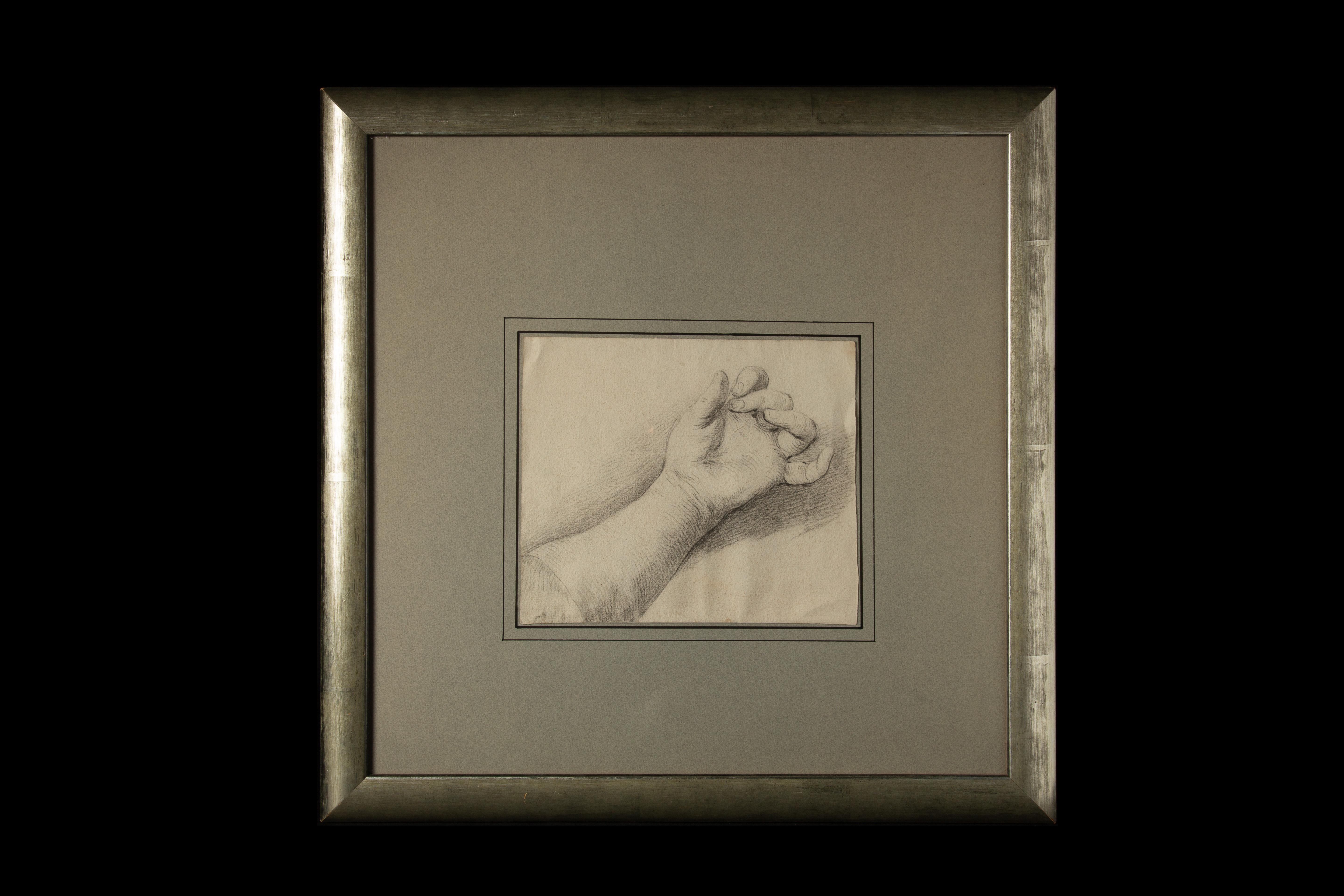 This 17th-century French School drawing of a hand is a masterful work of art, presented in an elegant silver gilt frame. Measuring 20.75 inches by 20.75 inches, the drawing showcases the refined techniques and anatomical precision characteristic of
