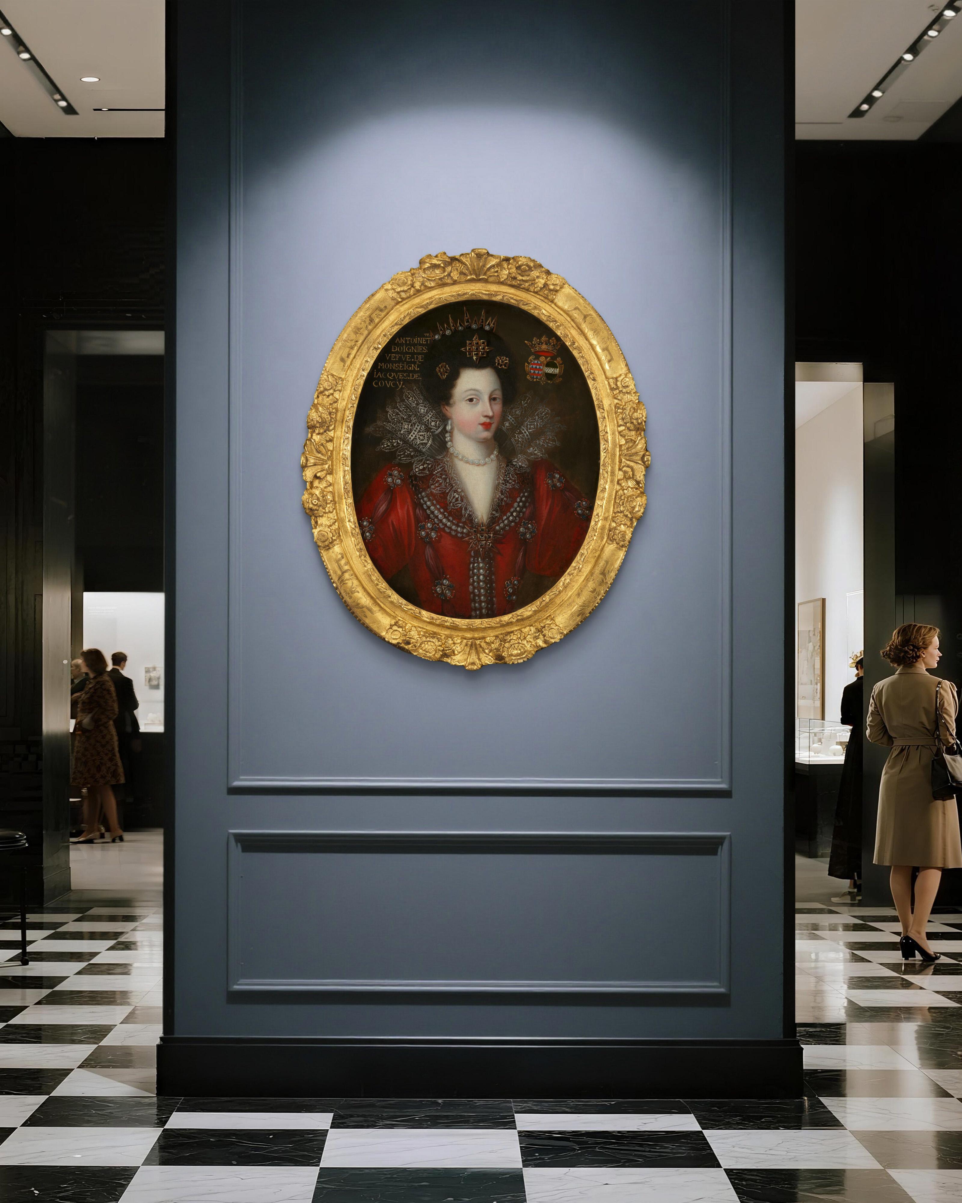 Portrait d'une dame en robe rouge, dentelle, bijoux c.1605, cadre doré, français en vente 8