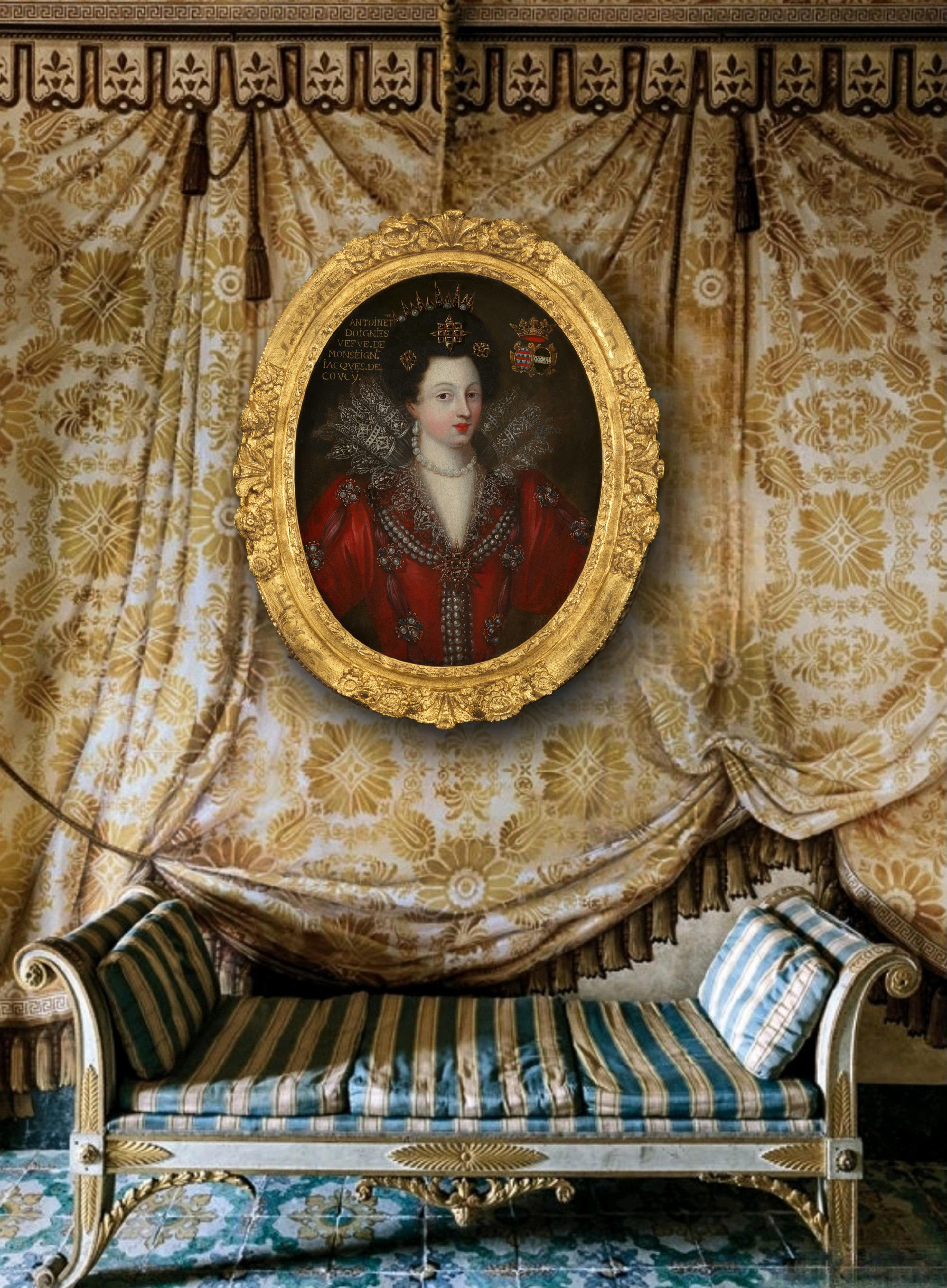 Portrait d'Antoinette Coucy en robe rouge élaborée et bijoux de dentelle c.1605
École française du 17e siècle

Ce somptueux portrait, présenté par Diptych Fine Arts, représente un membre de la famille noble de Coucy, en France.  La famille a joué un
