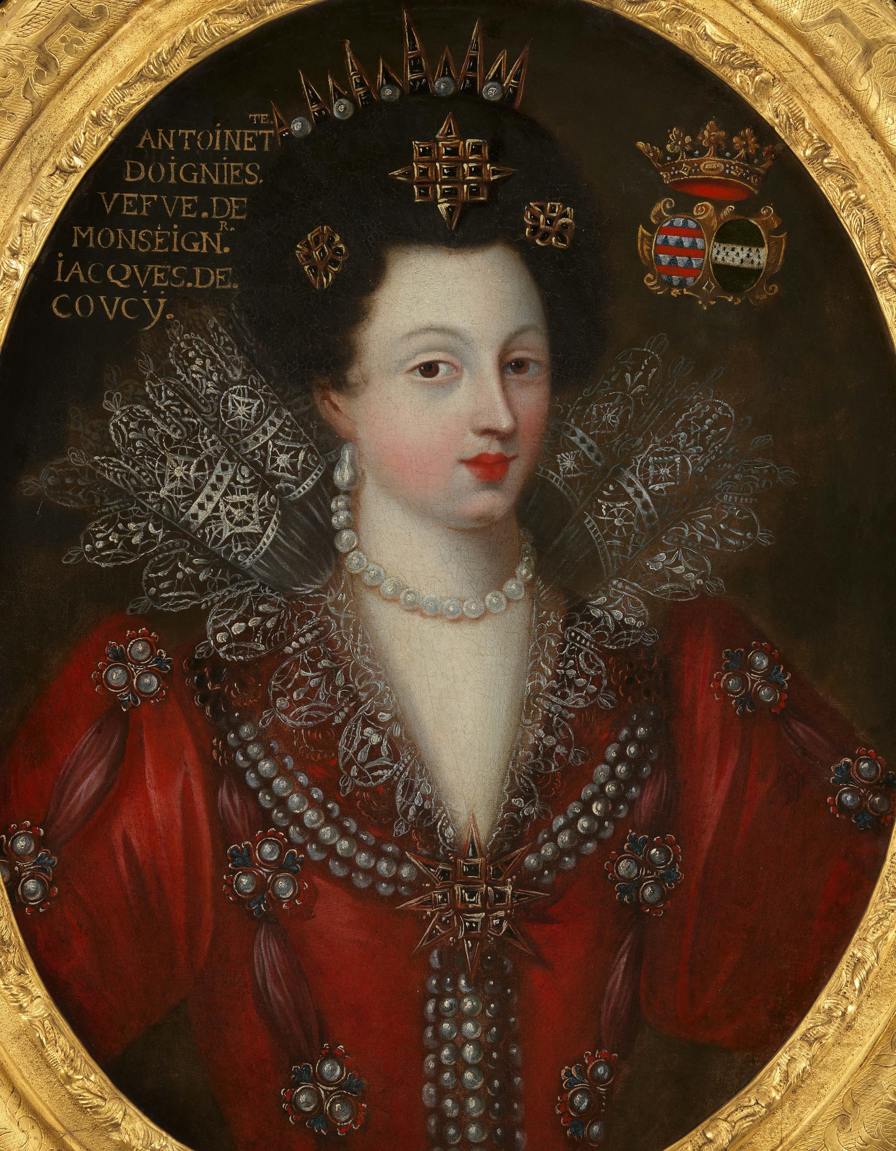 Portrait d'une dame en robe rouge, dentelle, bijoux c.1605, cadre doré, français en vente 3