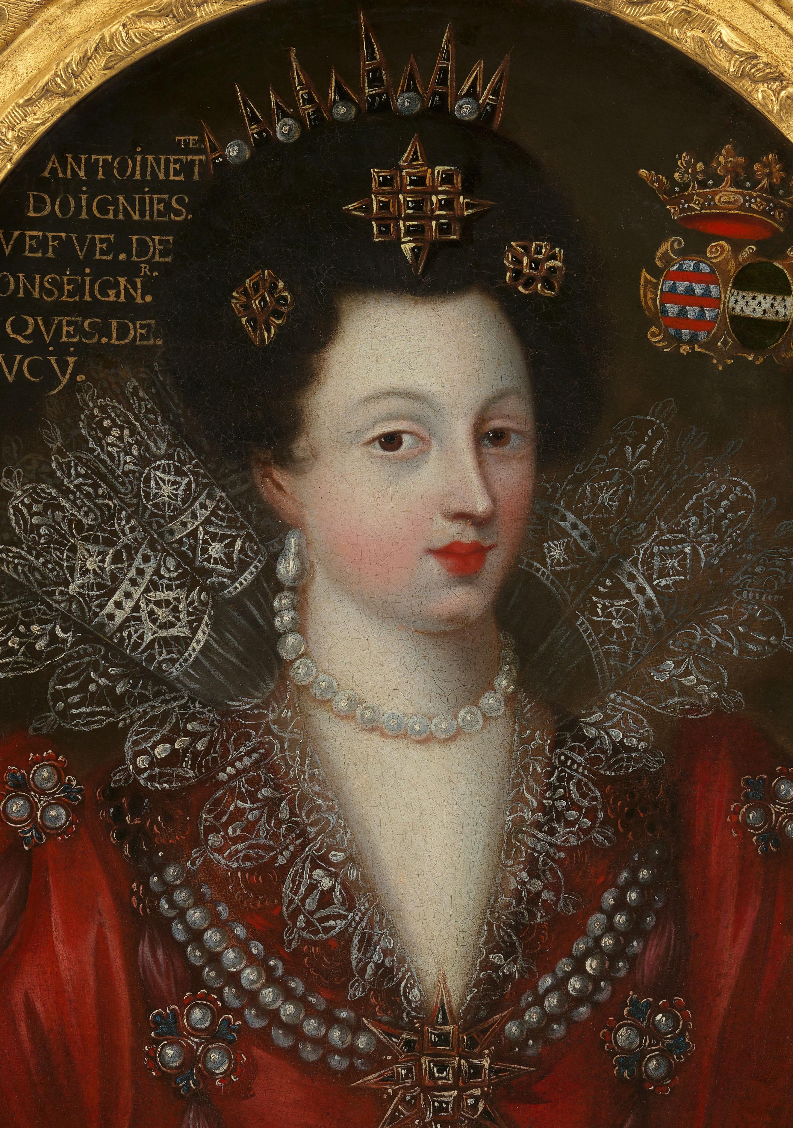 Portrait d'une dame en robe rouge, dentelle, bijoux c.1605, cadre doré, français en vente 4