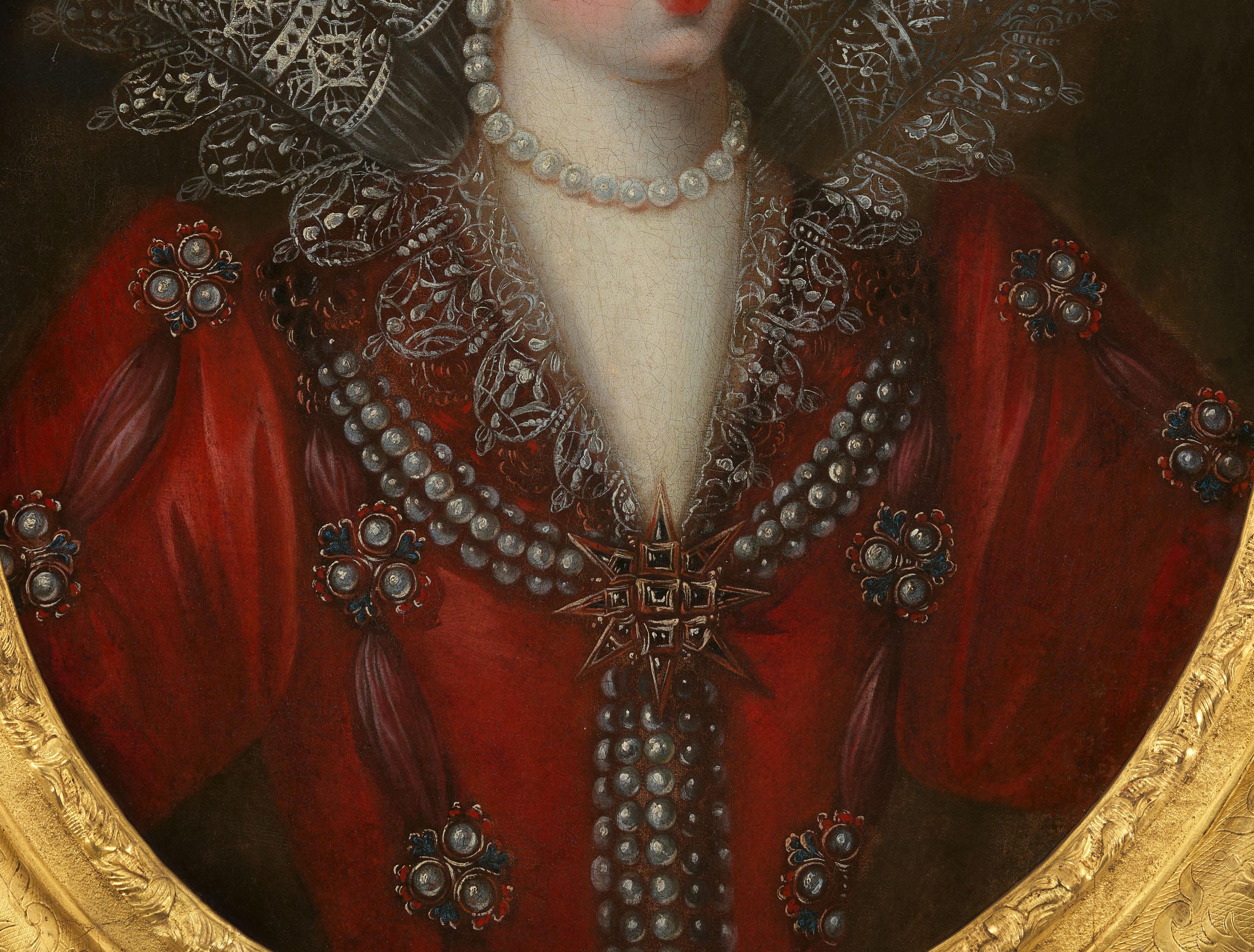 Portrait d'une dame en robe rouge, dentelle, bijoux c.1605, cadre doré, français en vente 5