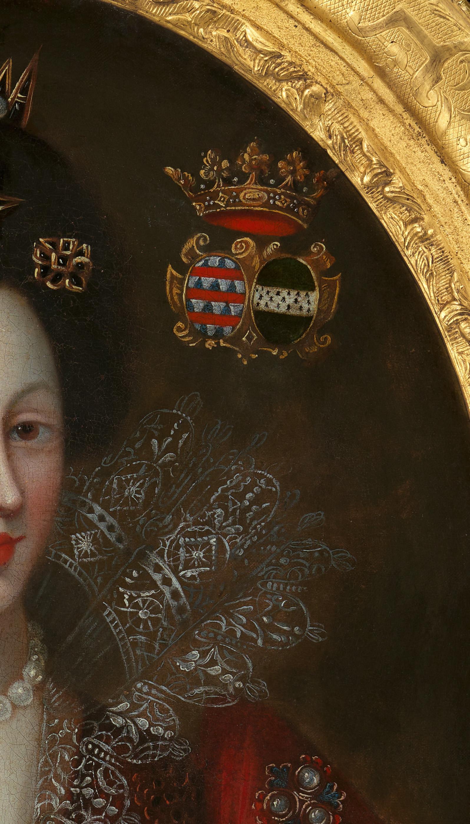 Portrait d'une dame en robe rouge, dentelle, bijoux c.1605, cadre doré, français en vente 6