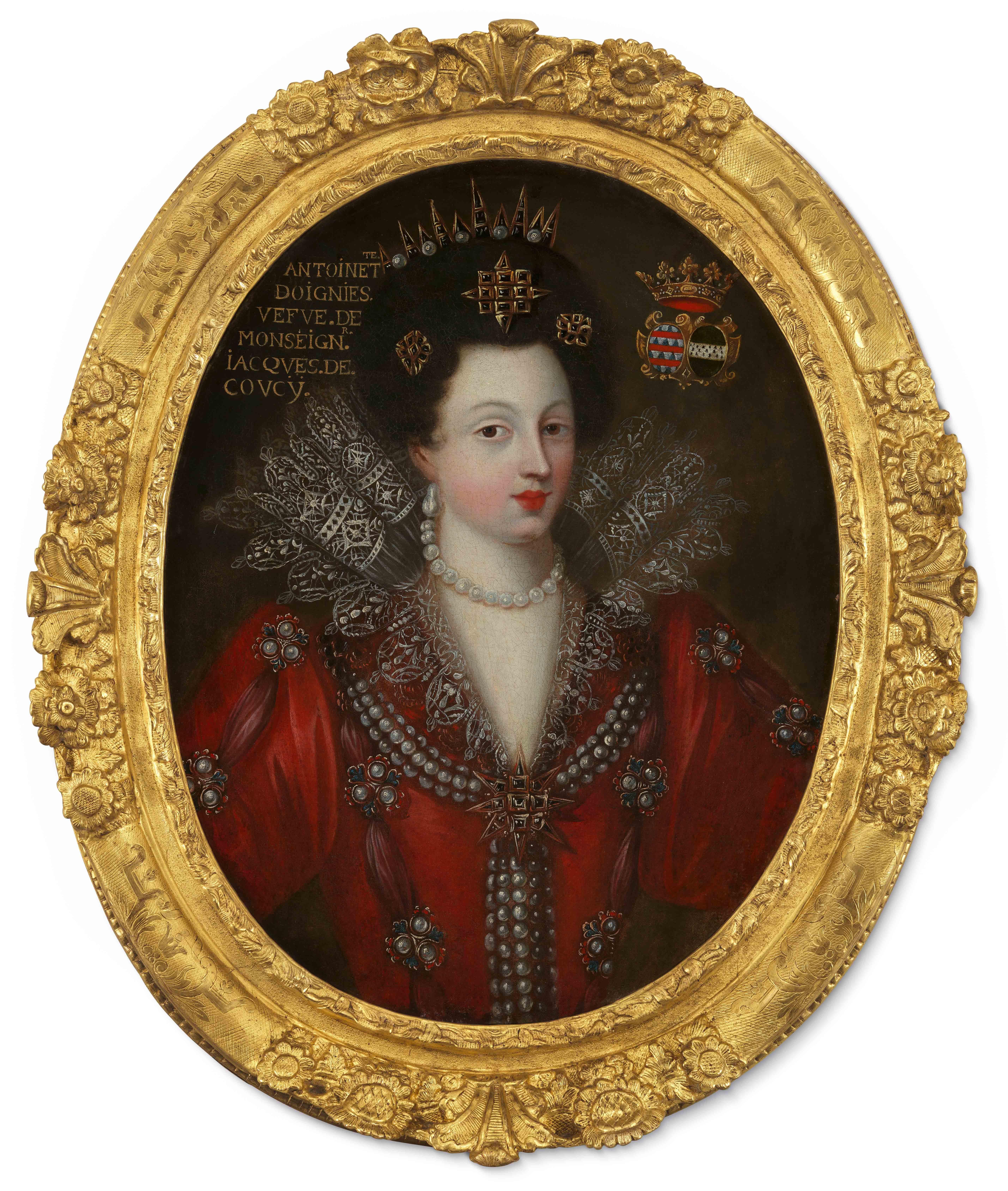 Portrait d'une dame en robe rouge, dentelle, bijoux c.1605, cadre doré, français - Art de 17th Century French School