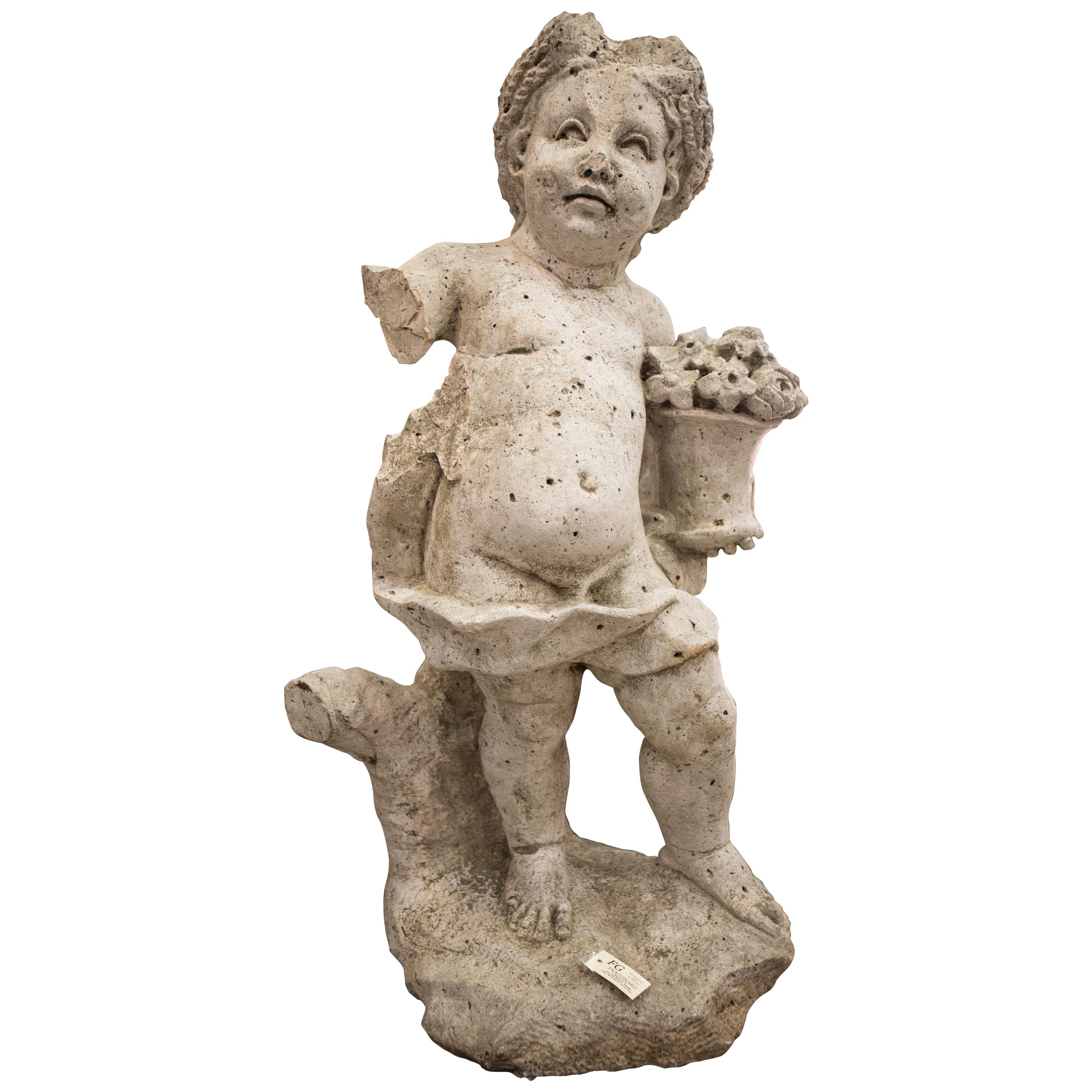 17th Century French Stone Sculpture, Child with Flowers, circa 1680
