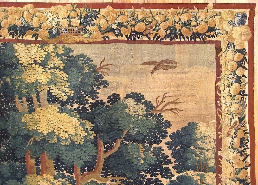 Hand-Woven 17th Century French Verdure Landscape Tapestry, w/ Animals by a Tree and Cottage For Sale