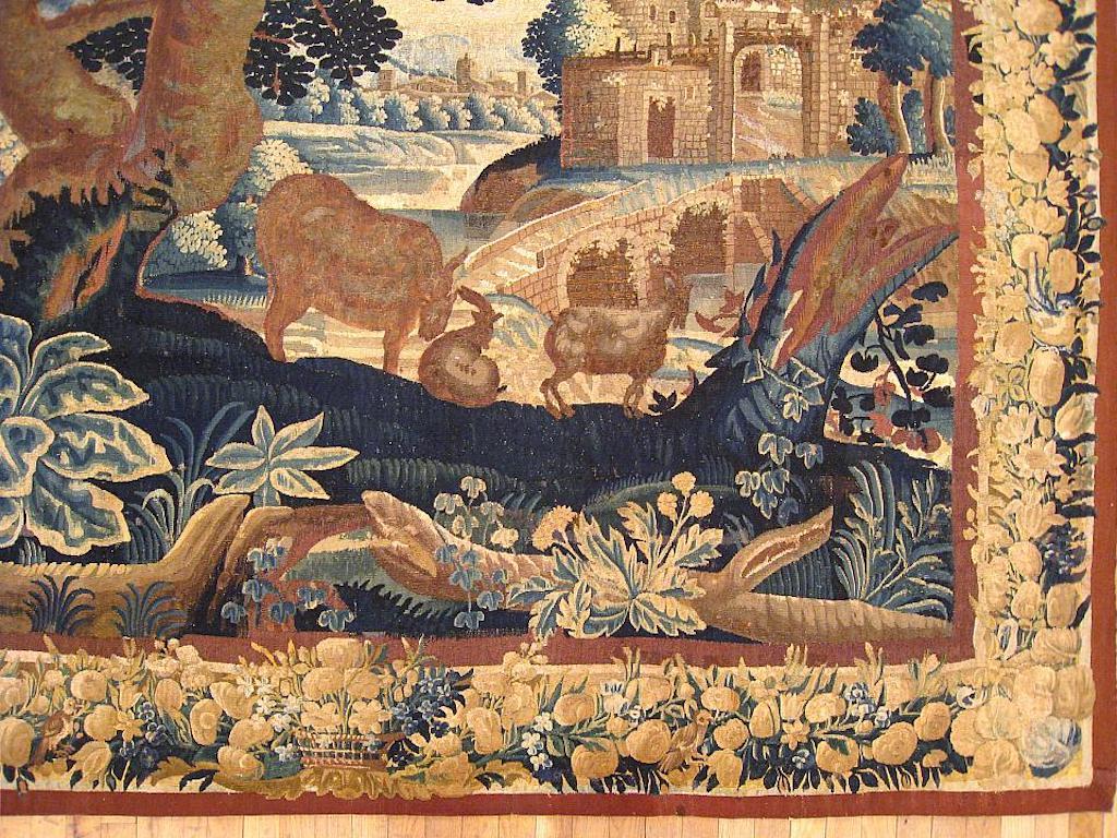 Hand-Woven 17th Century French Verdure Landscape Tapestry, w/ Animals by a Tree and Cottage For Sale