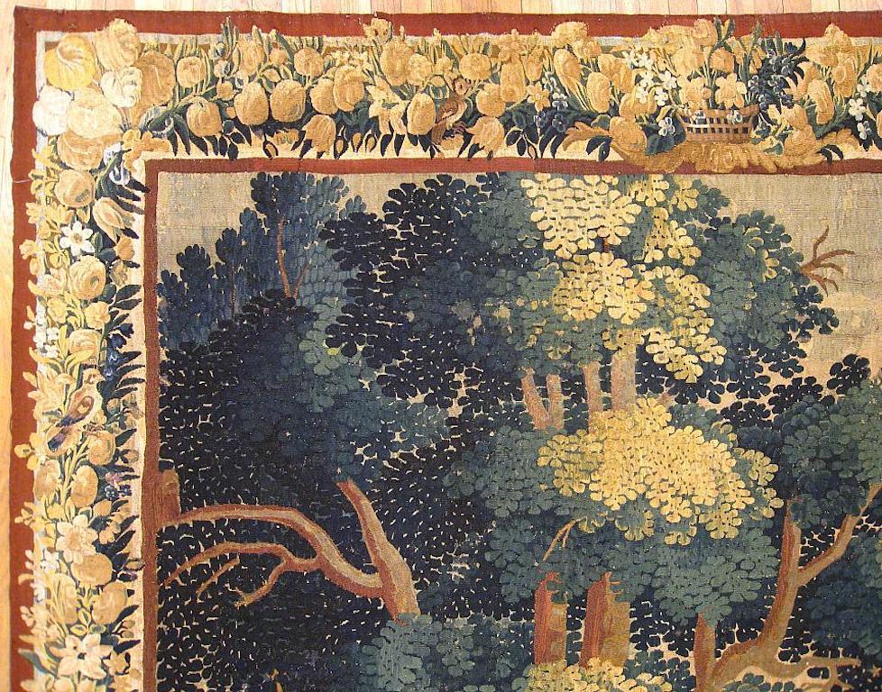 17th Century French Verdure Landscape Tapestry, w/ Animals by a Tree and Cottage In Good Condition For Sale In New York, NY
