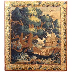 Antique 17th Century French Verdure Landscape Tapestry, w/ Animals by a Tree and Cottage