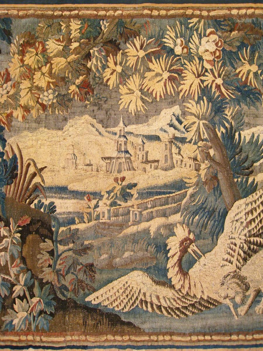 Hand-Woven 17th Century French Verdure Landscape Tapestry with a Dog Chasing an Exotic Bird For Sale