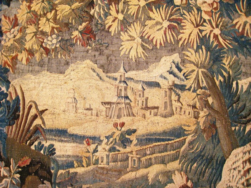 Wool 17th Century French Verdure Landscape Tapestry with a Dog Chasing an Exotic Bird For Sale