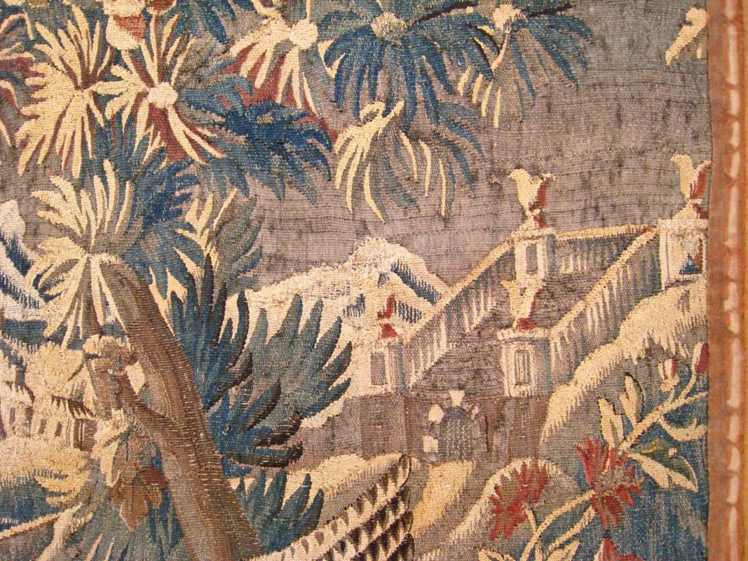 17th Century French Verdure Landscape Tapestry with a Dog Chasing an Exotic Bird For Sale 1