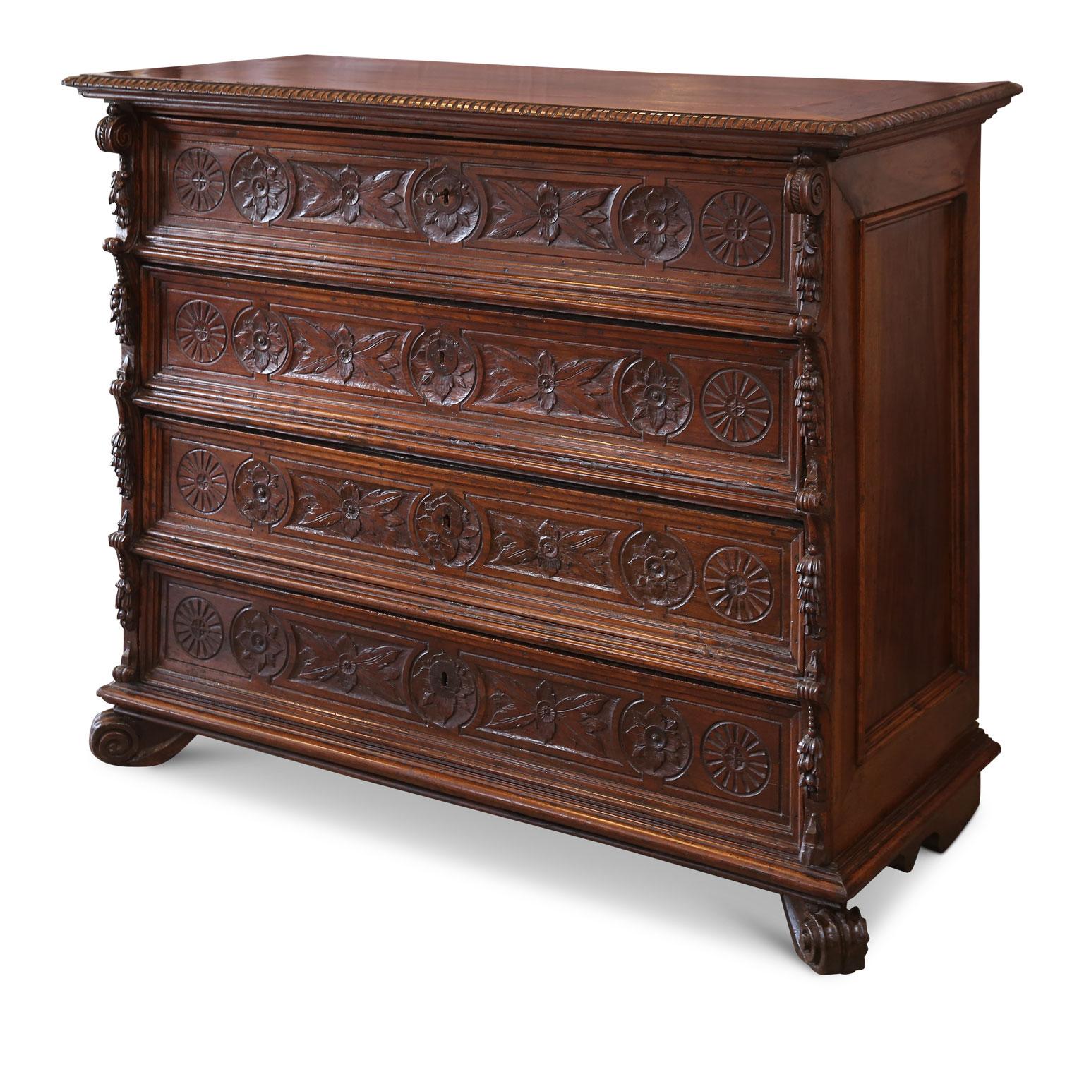 17th century French walnut chest of drawers (circa 1675-1700) hand-carved in a Louis XIII provincial style (Mannerist with Italian influence).

Extremely sturdy, almost completely original. Constructed using mortis and Tenon joints, horse glue and
